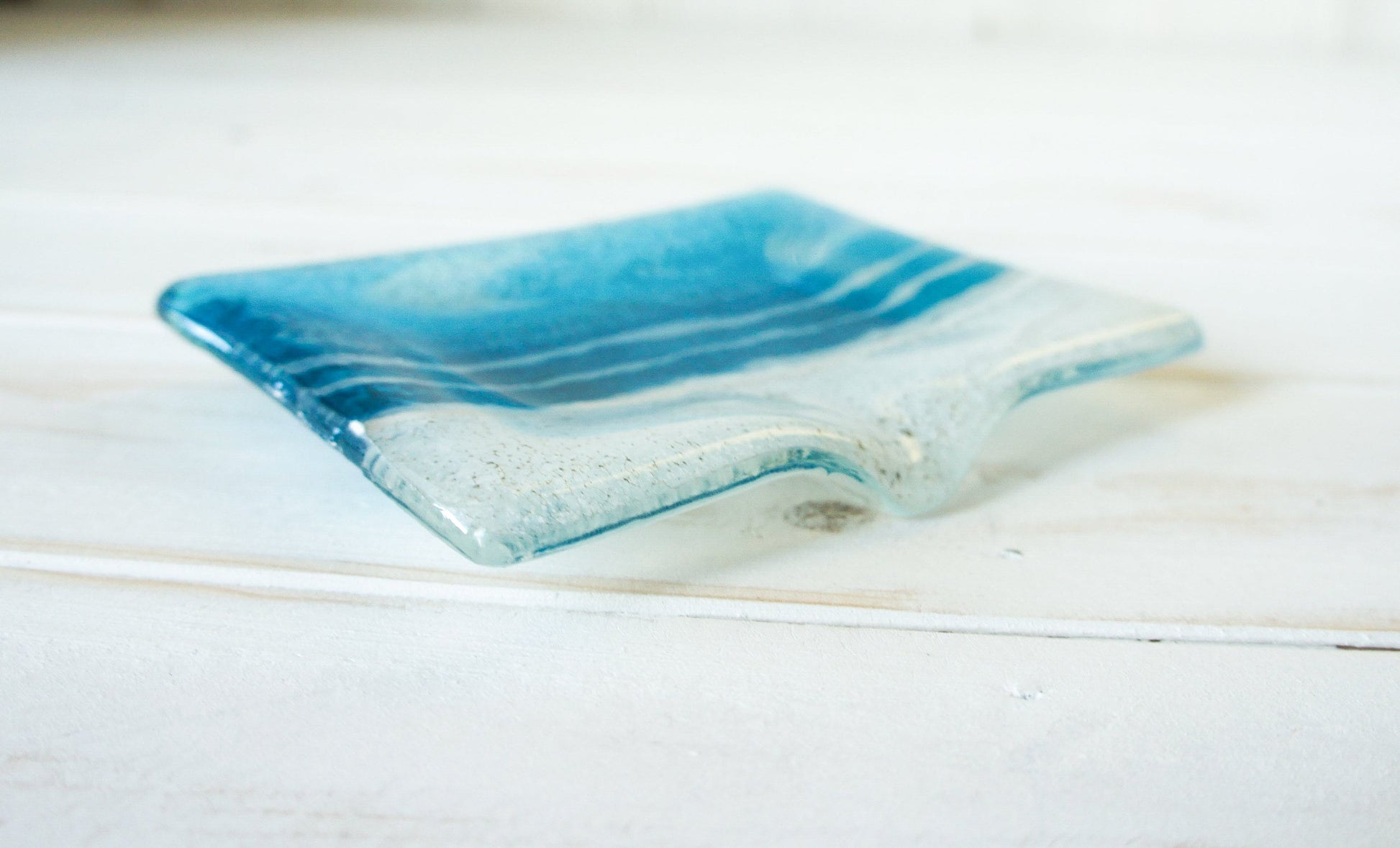 Fused Glass	Soap Dish	sea glass	soap dispenser	soapdish with drain	seaside ornament	hostess gift	trinket tray	bathroom accessories	handmade soap tray	bar soap holder	trinket dish	turuquoise aqua blue