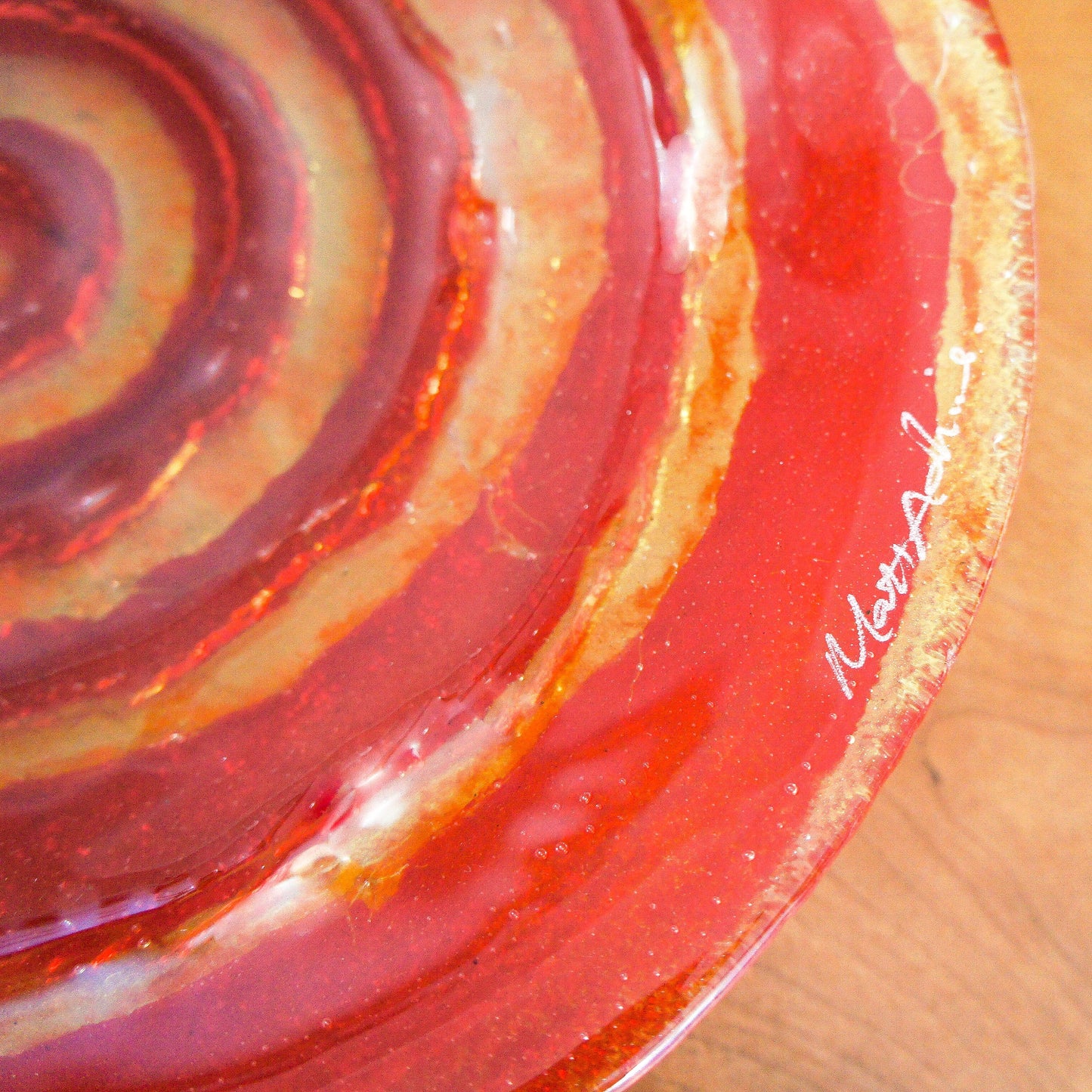red glass fruit swirl bowl 29cm, fused glass red swirl bowl, red and yellow fused glass bowl, decorative bowl, gift bowl