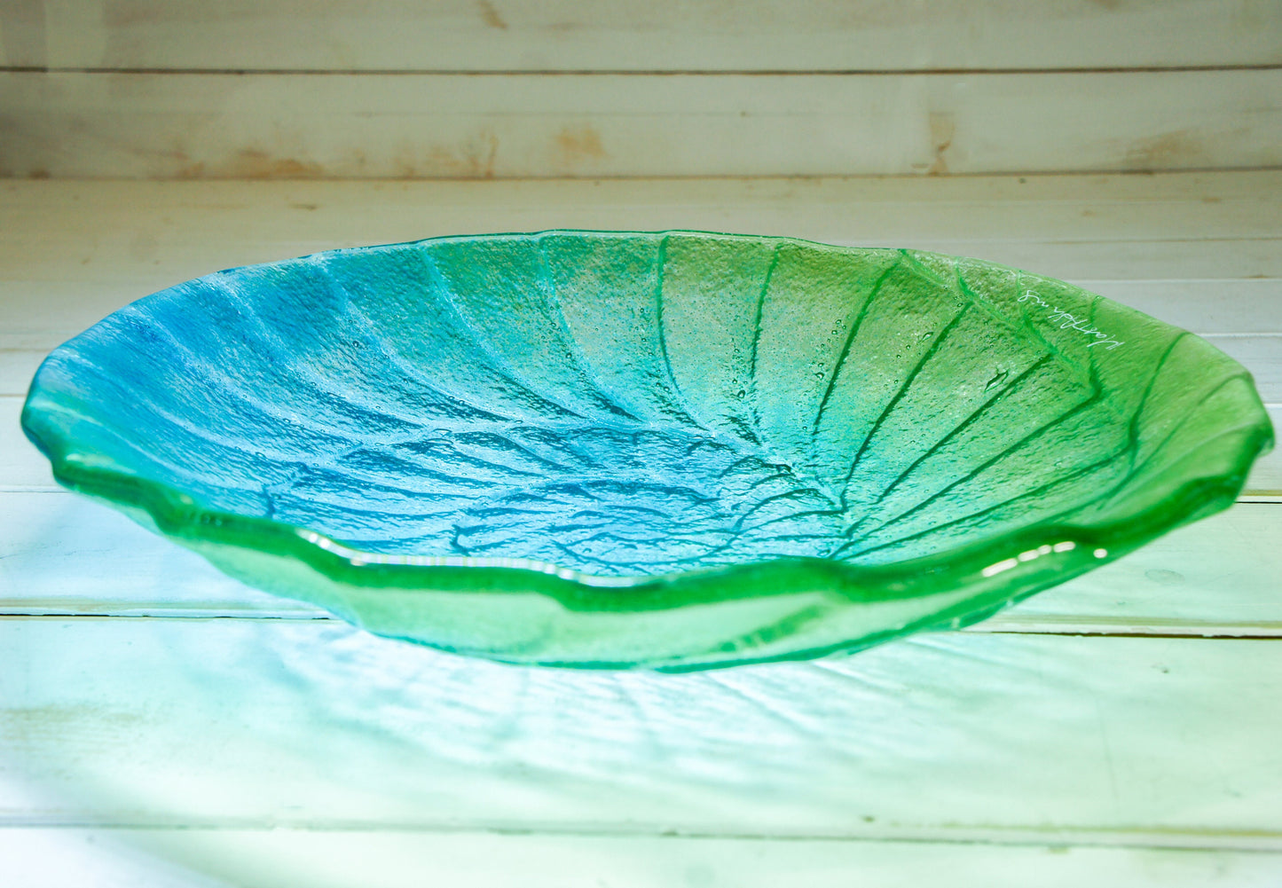 blue green ammonite fused glass bowl, decorative bowl, blue lime green fruit bowl, green bowl, blue teal glass bowl, sea glass bowl