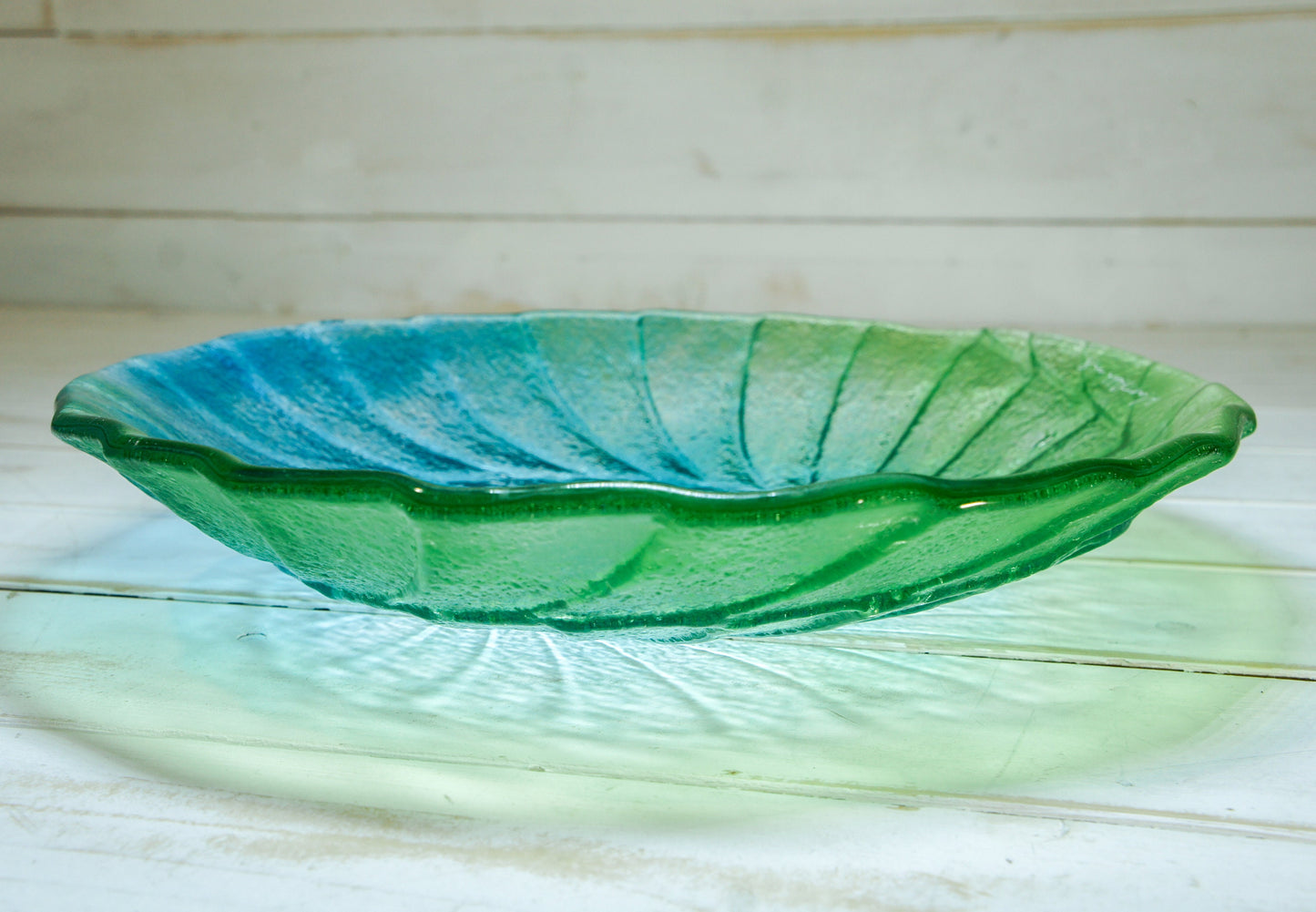 blue green ammonite fused glass bowl, decorative bowl, blue lime green fruit bowl, green bowl, blue teal glass bowl, sea glass bowl