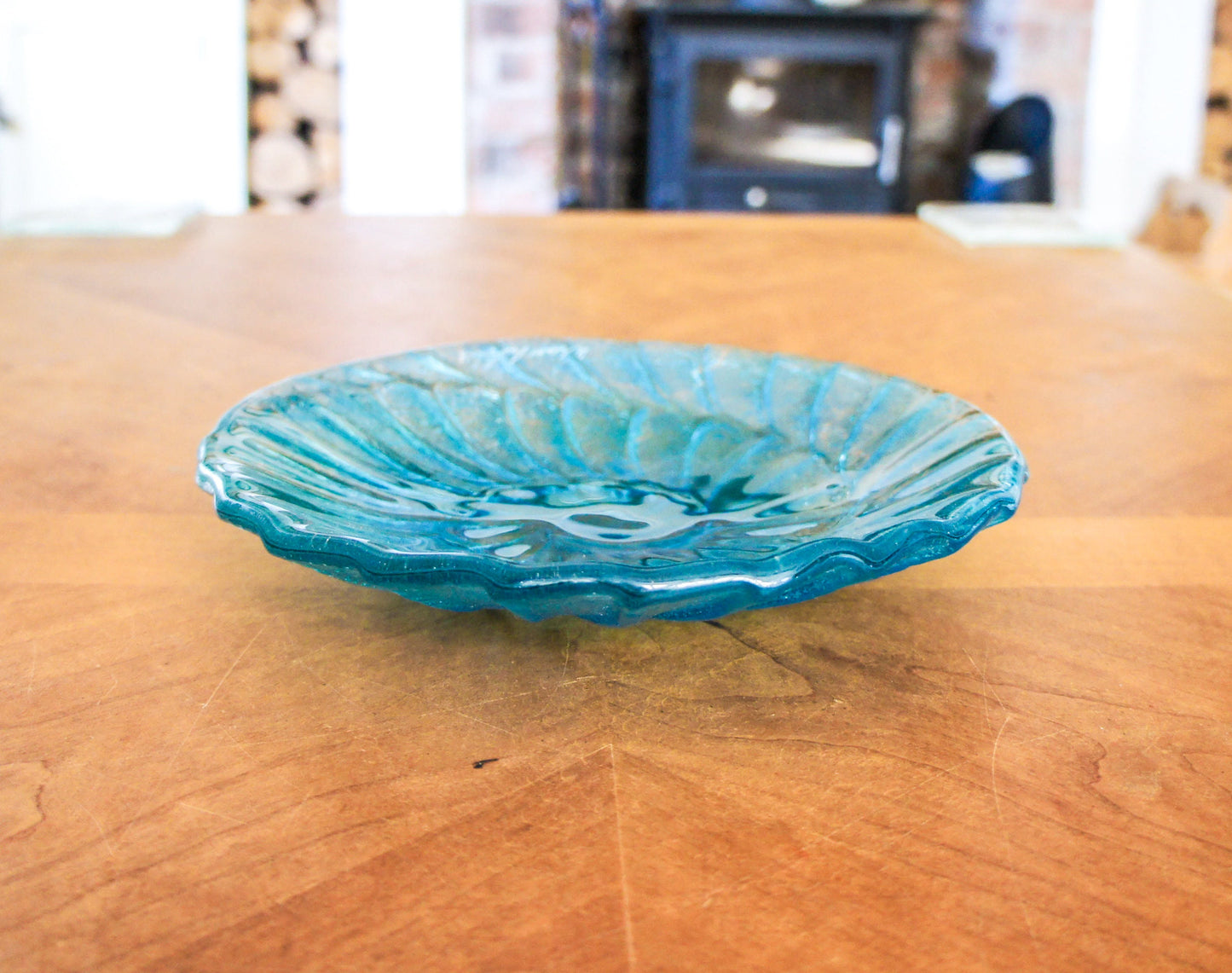fused glass blue ammonite bowl, handmade fused glass key rest, decorative bowl