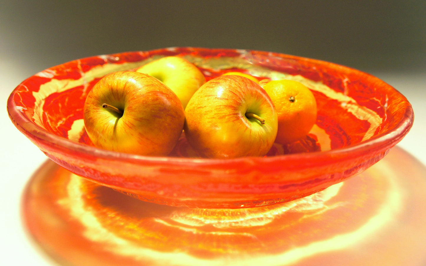 red glass fruit swirl bowl 29cm, fused glass red swirl bowl, red and yellow fused glass bowl, decorative bowl, gift bowl