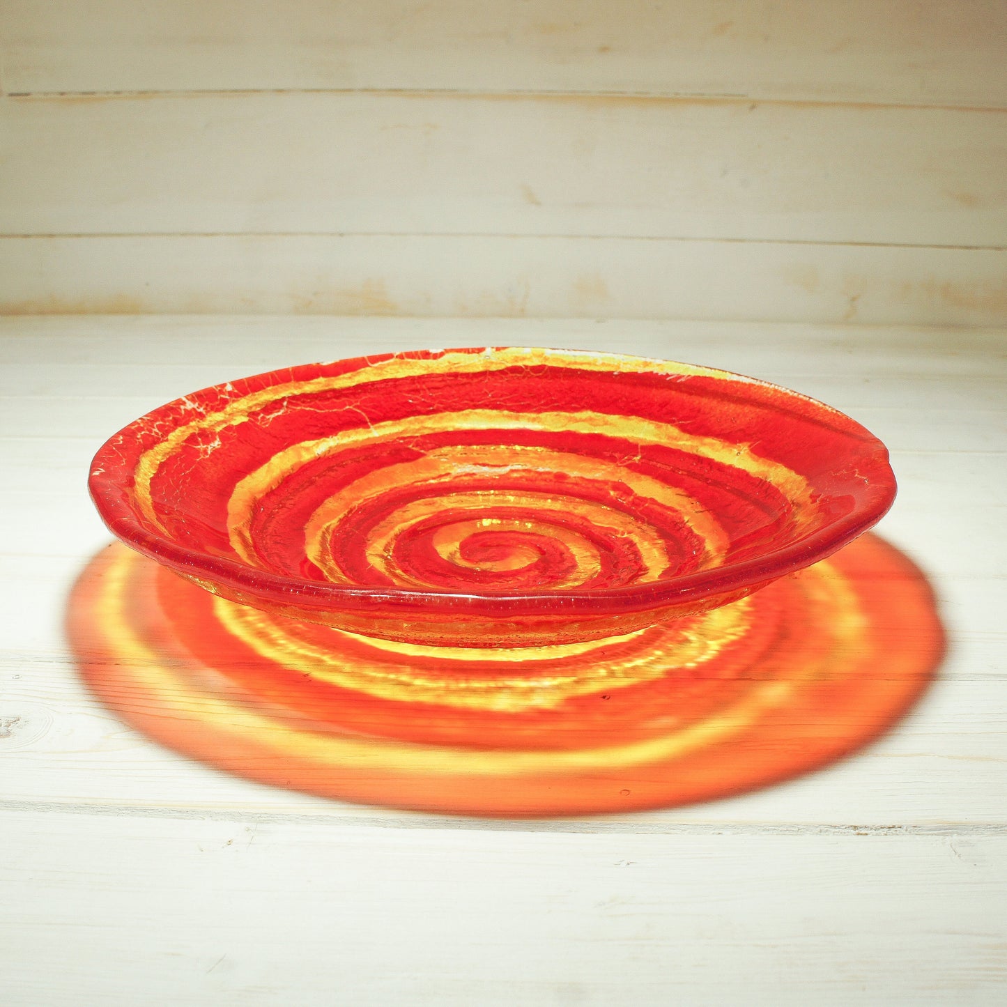 red glass fruit swirl bowl 29cm, fused glass red swirl bowl, red and yellow fused glass bowl, decorative bowl, gift bowl