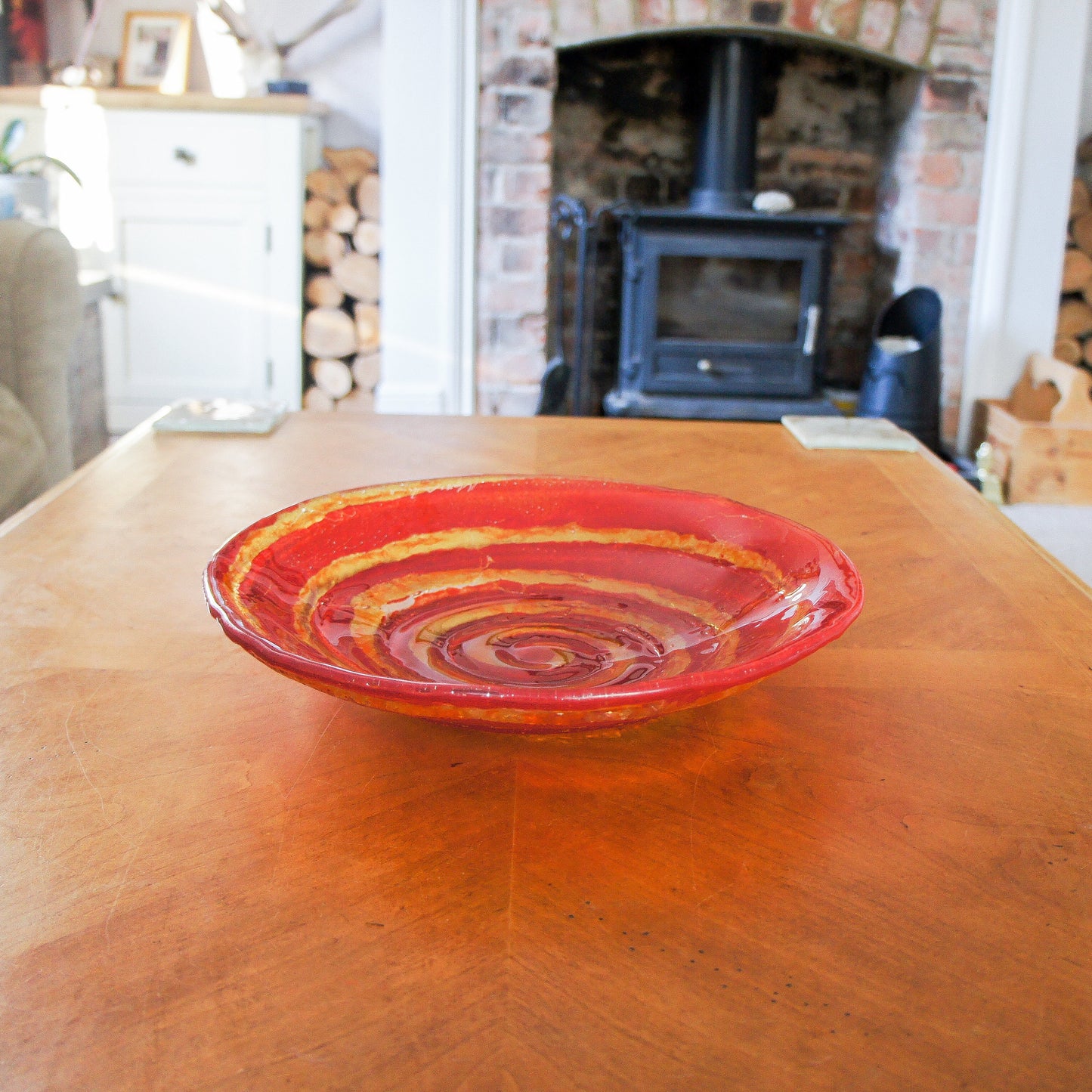 red glass fruit swirl bowl 29cm, fused glass red swirl bowl, red and yellow fused glass bowl, decorative bowl, gift bowl