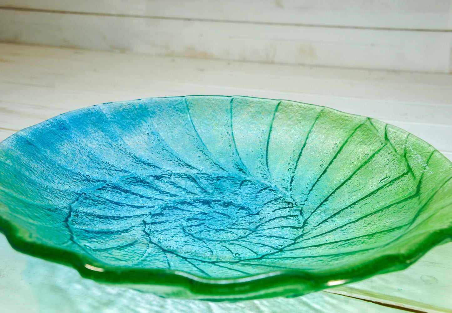 blue green ammonite fused glass bowl, decorative bowl, blue lime green fruit bowl, green bowl, blue teal glass bowl, sea glass bowl