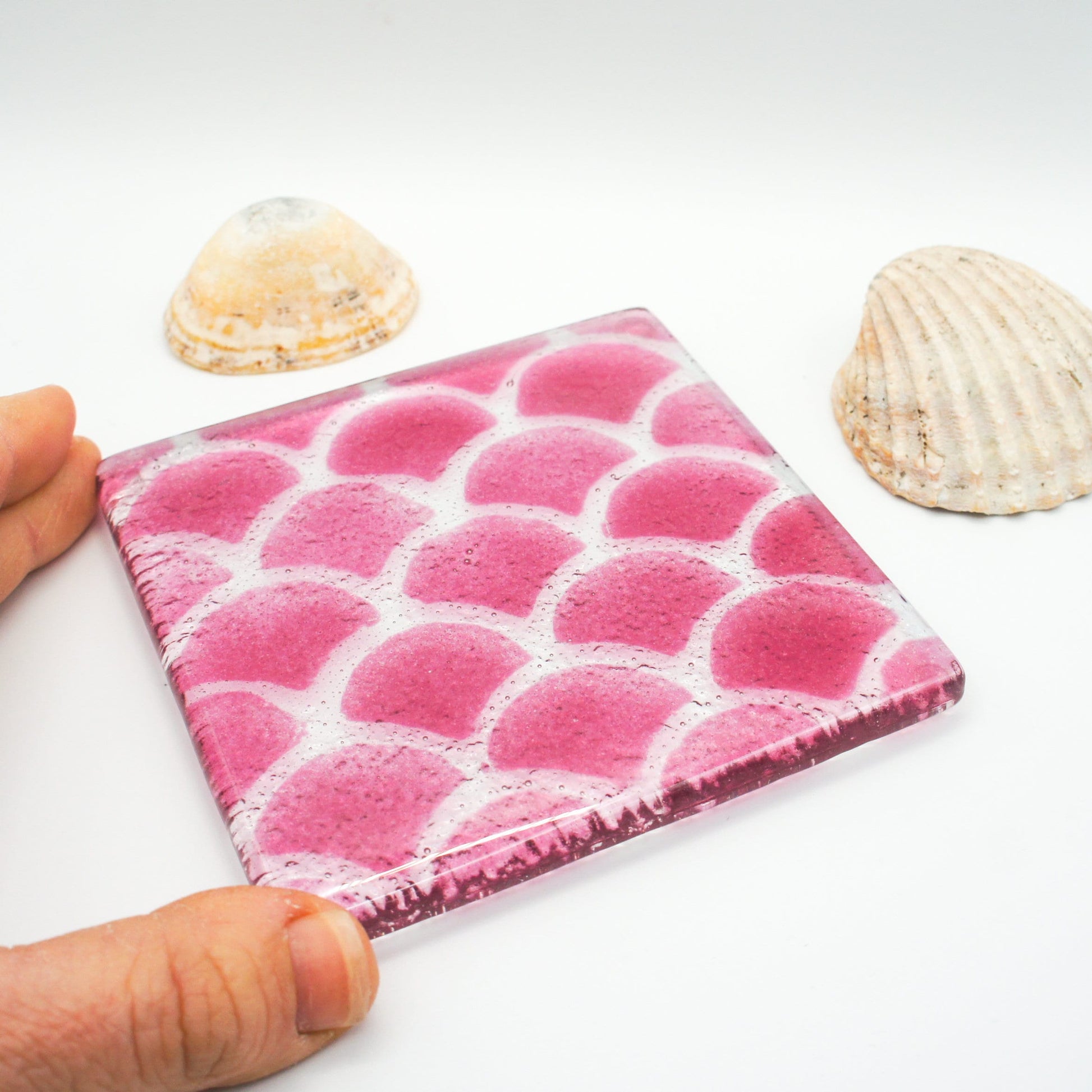 set of 2 Fishscale Fused Glass Coasters, coaster with japanese pattern 10cm(4"), house warming gifts, tile coaster, handmade, mothers day