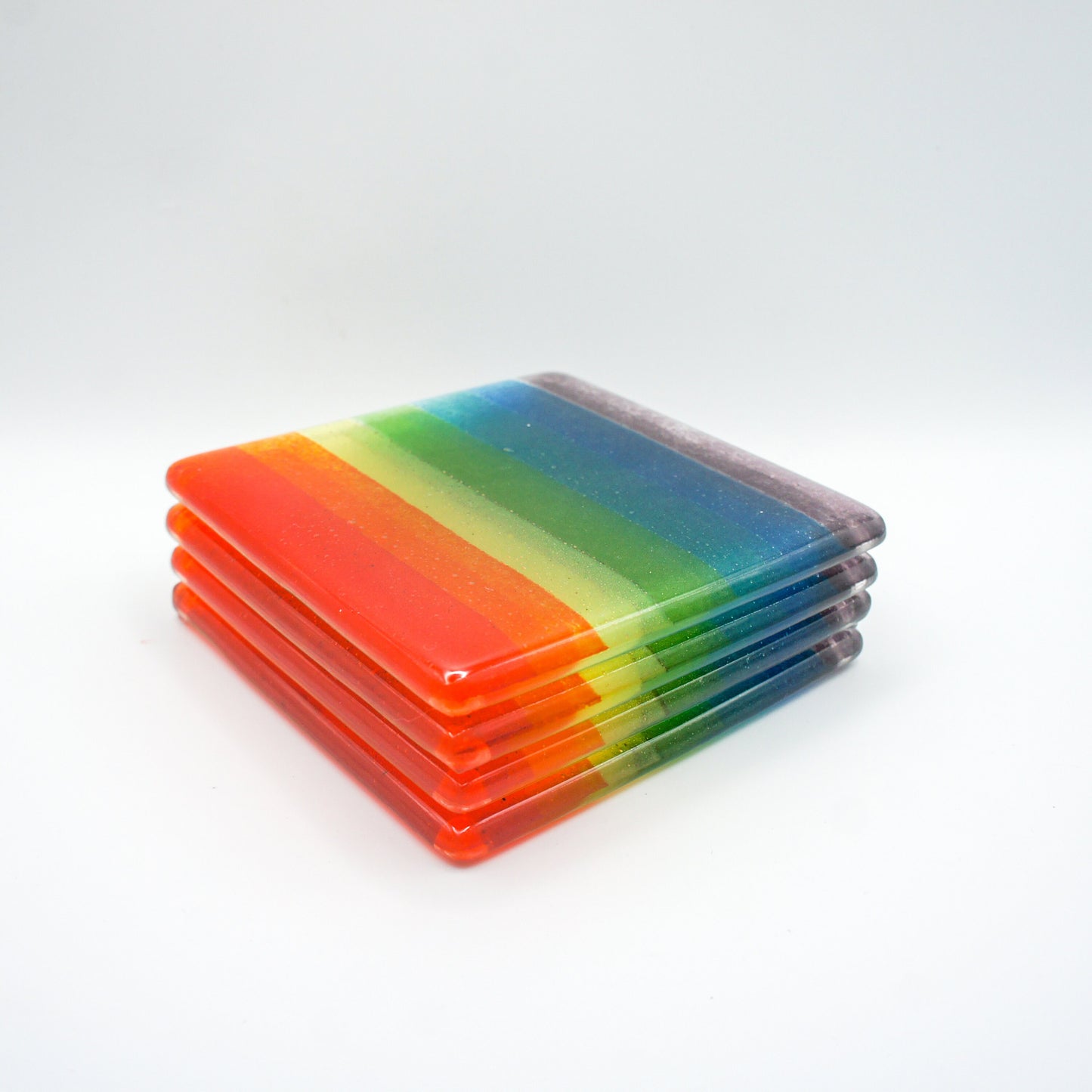 set of 4 Fused Glass Rainbow Coasters, Colourful Fused Glass Coasters, unique handmade coasters gifts 10cm(4), rainbow lgbtq pride glass