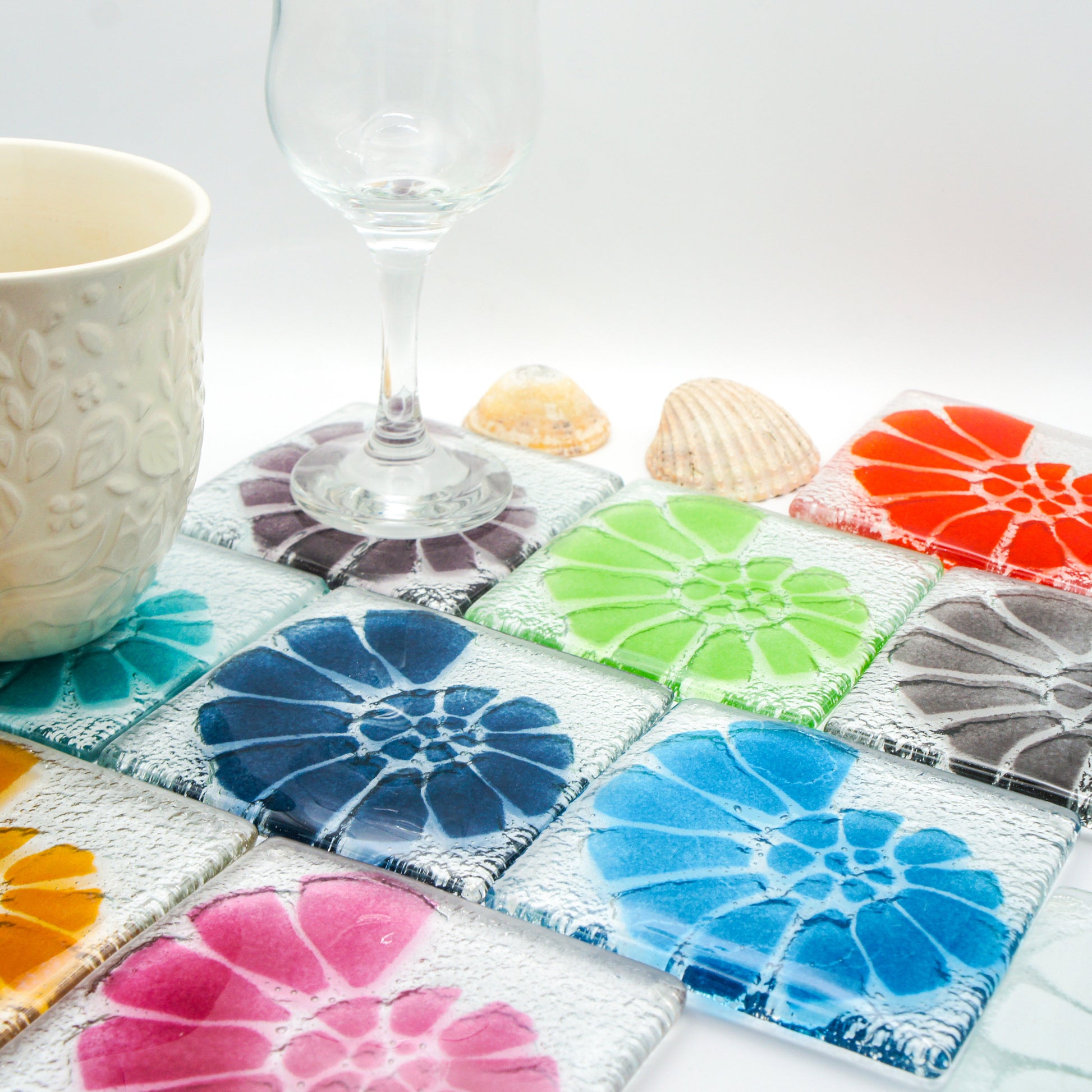 Set of 2 handmade fused glass coaster, single coaster, ammonite, shell, fossil, gift, house warming gift, mothers day gift, handmade coaster, multi coloured coaster, personalised coaster, wall tile, tile coaster, set of 2