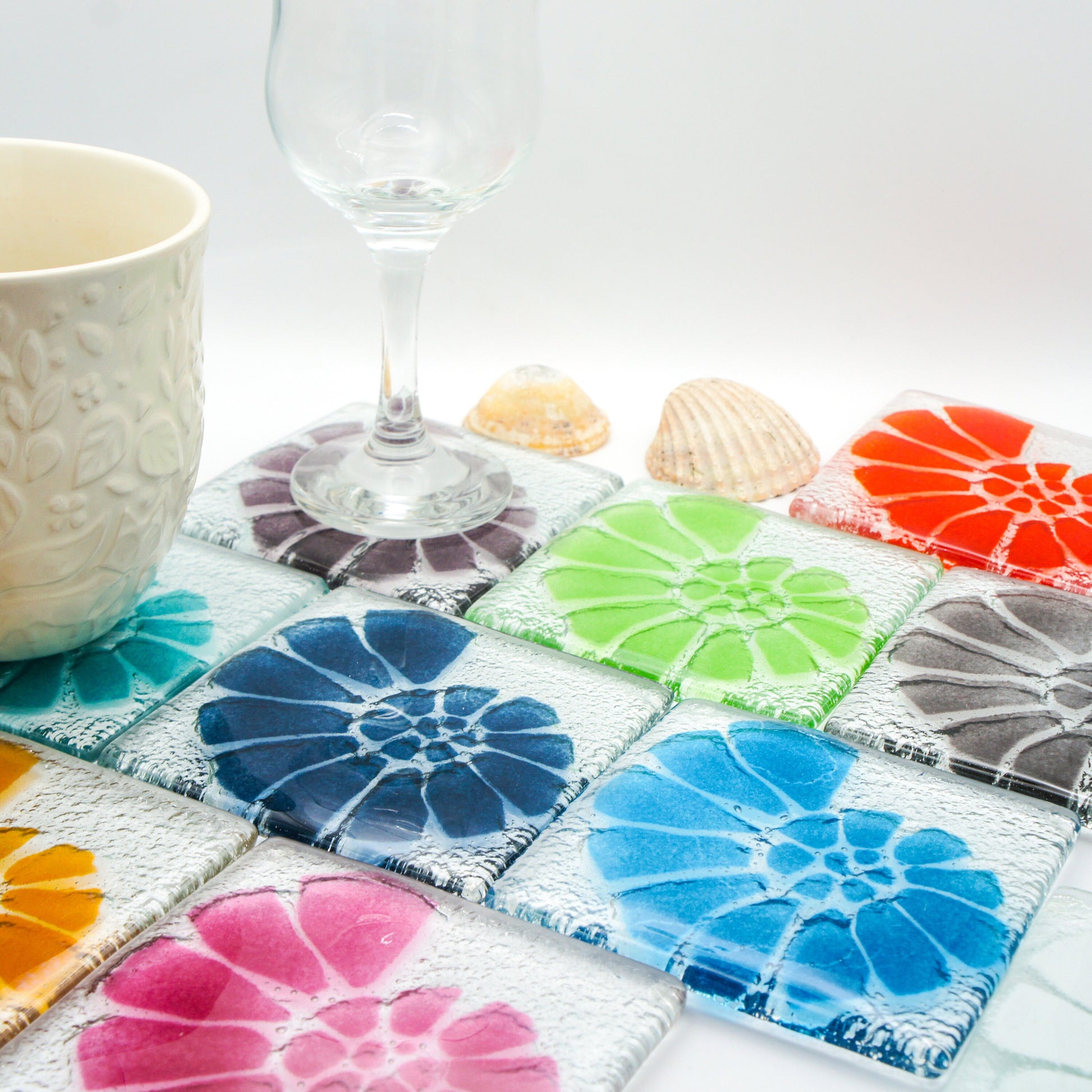 Set of 4 handmade fused glass coaster, single coaster, ammonite, shell, fossil, gift, house warming gift, mothers day gift, handmade coaster, multi coloured coaster, personalised coaster, wall tile, tile coaster, set of 4