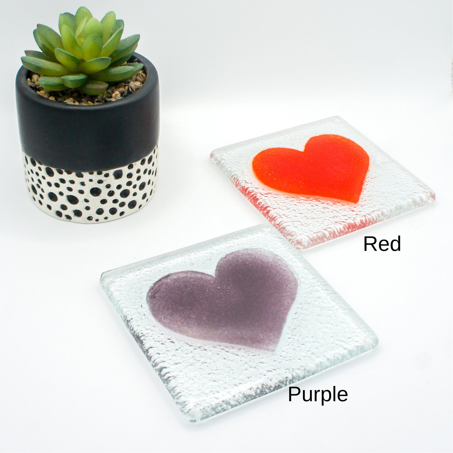 Set of 2 Heart Fused Glass Coasters, Set of two coasters, Fused glass coasters, glass heart coasters, heart fused glass coasters