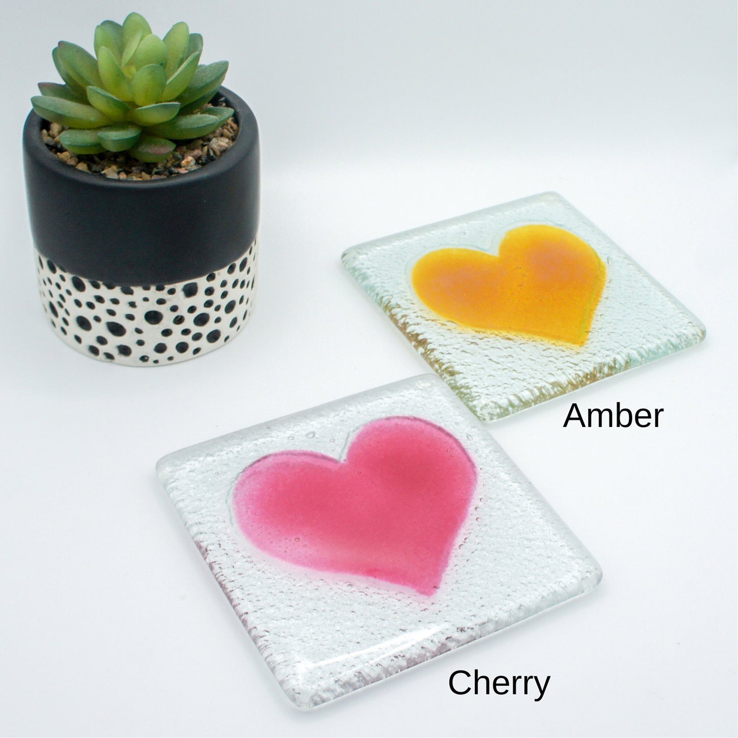 Set of 2 Heart Fused Glass Coasters, Set of two coasters, Fused glass coasters, glass heart coasters, heart fused glass coasters