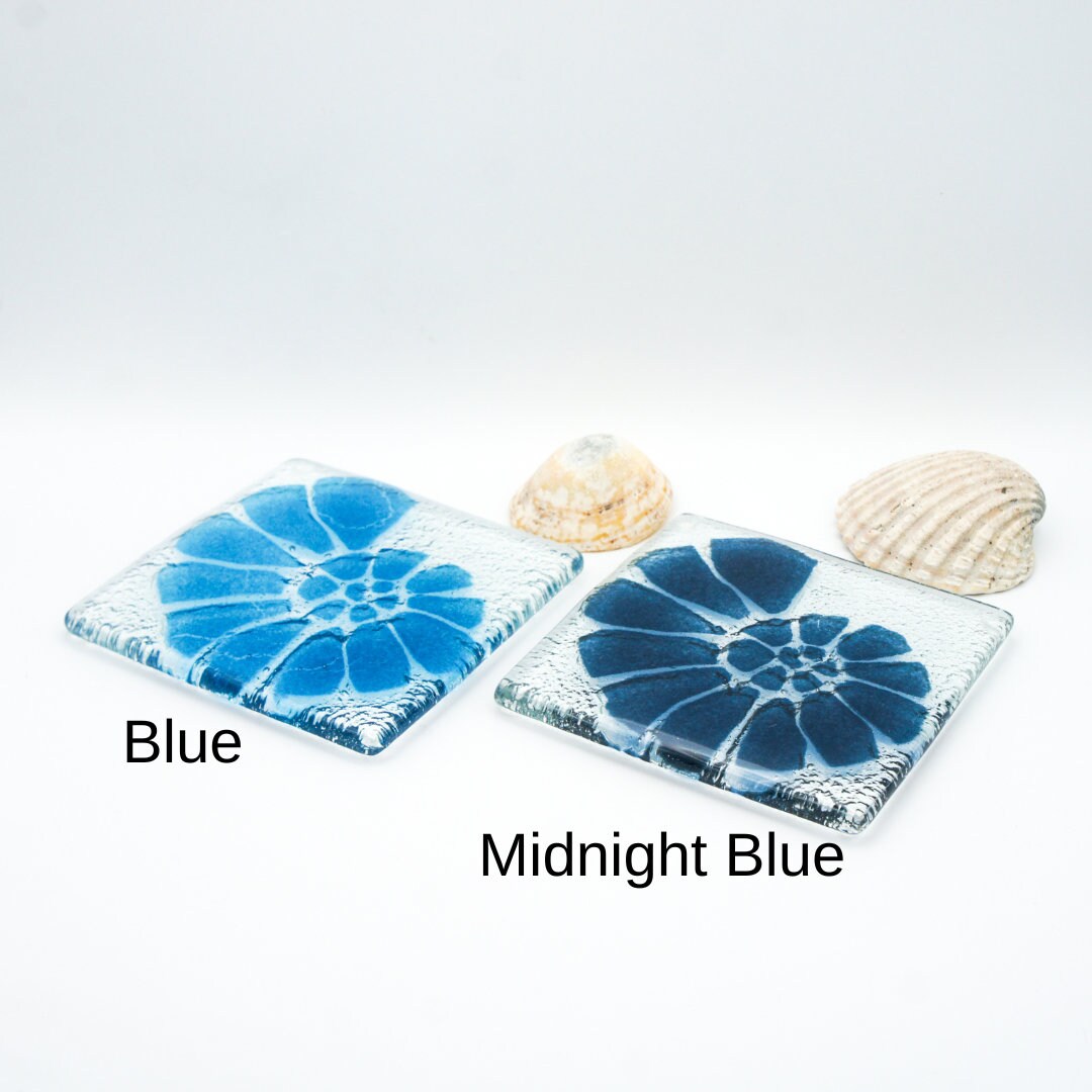 Set of 4 handmade fused glass coaster, single coaster, ammonite, shell, fossil, gift, house warming gift, mothers day gift, handmade coaster, multi coloured coaster, personalised coaster, wall tile, tile coaster, set of 4
