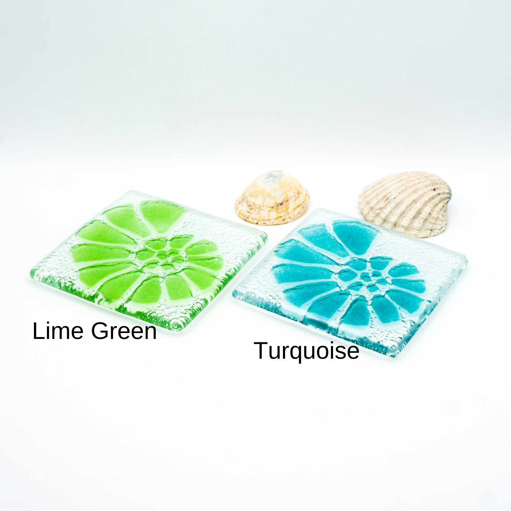 Set of 4 handmade fused glass coaster, single coaster, ammonite, shell, fossil, gift, house warming gift, mothers day gift, handmade coaster, multi coloured coaster, personalised coaster, wall tile, tile coaster, set of 4