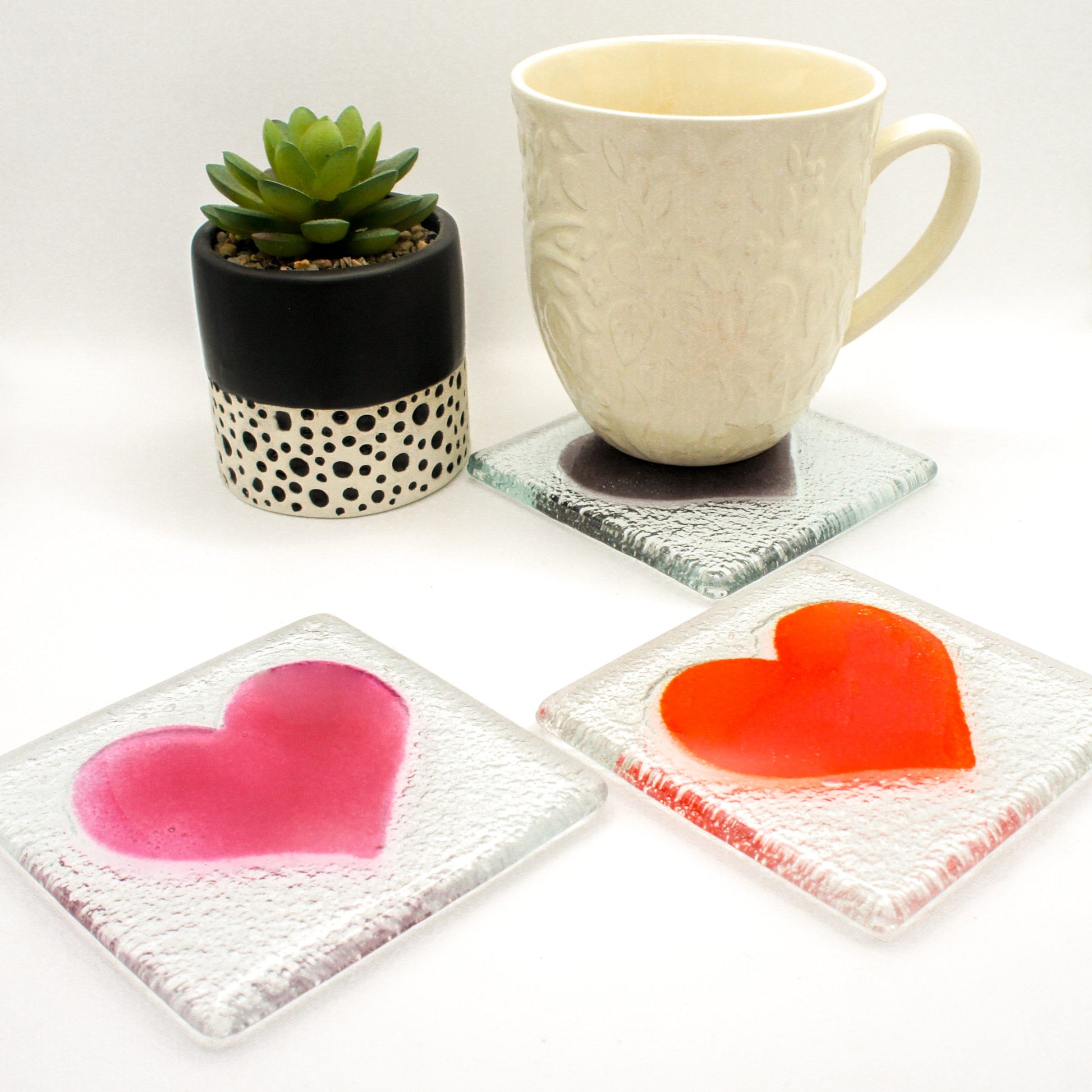 Set of 2 Heart Fused Glass Coasters, Set of two coasters, Fused glass coasters, glass heart coasters, heart fused glass coasters