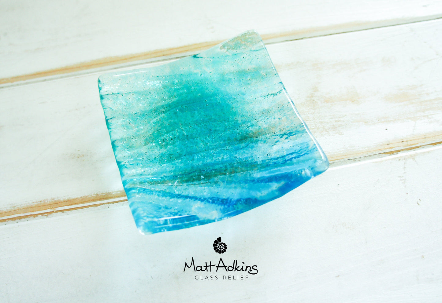 Blue Teal Seabed Glass Dish 10cm(4") with optional organza bag, fused glass trinket dish, ring dish, jewelry bowl, turquoise bathroom decor