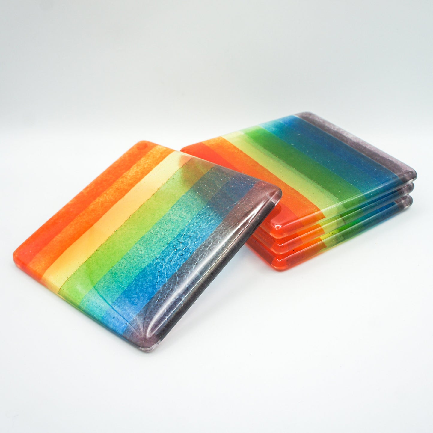 set of 4 Fused Glass Rainbow Coasters, Colourful Fused Glass Coasters, unique handmade coasters gifts 10cm(4), rainbow lgbtq pride glass