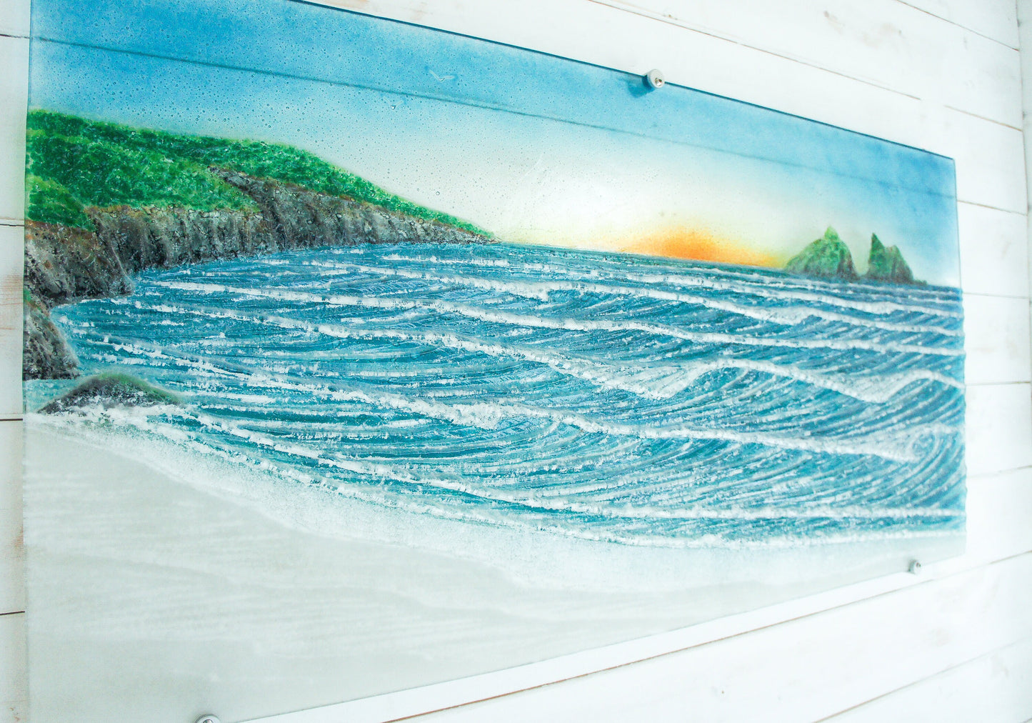 glass sunset art
extra large wall art
fused glass large
landscape wall art
blue wall decor
textured wall art
wall hanging
wall sulpture
housewarming gifts
wedding present
glass art wall panel
teal modern art
aqua gallery wall