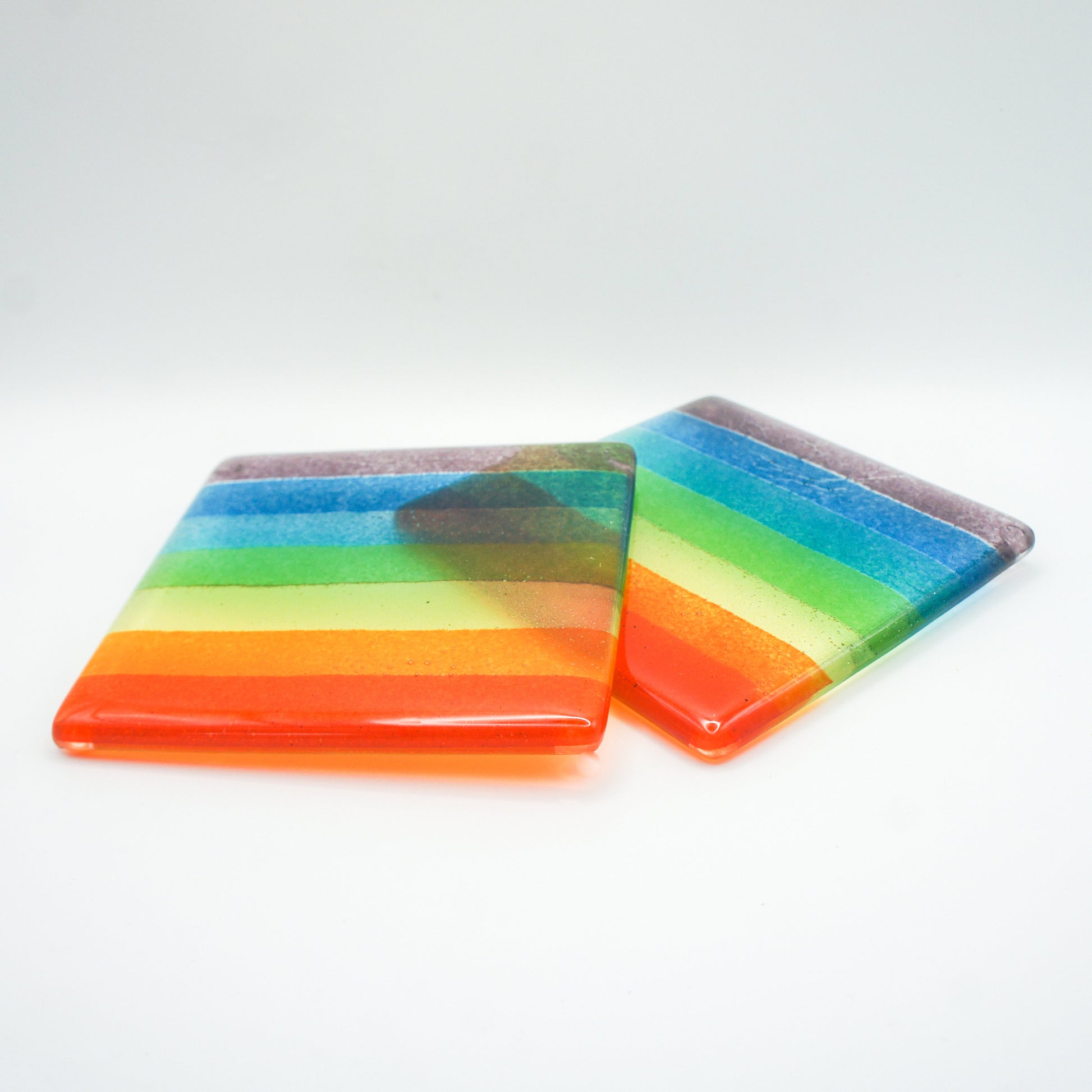 set of 4 Fused Glass Rainbow Coasters, Colourful Fused Glass Coasters, unique handmade coasters gifts 10cm(4), rainbow lgbtq pride glass