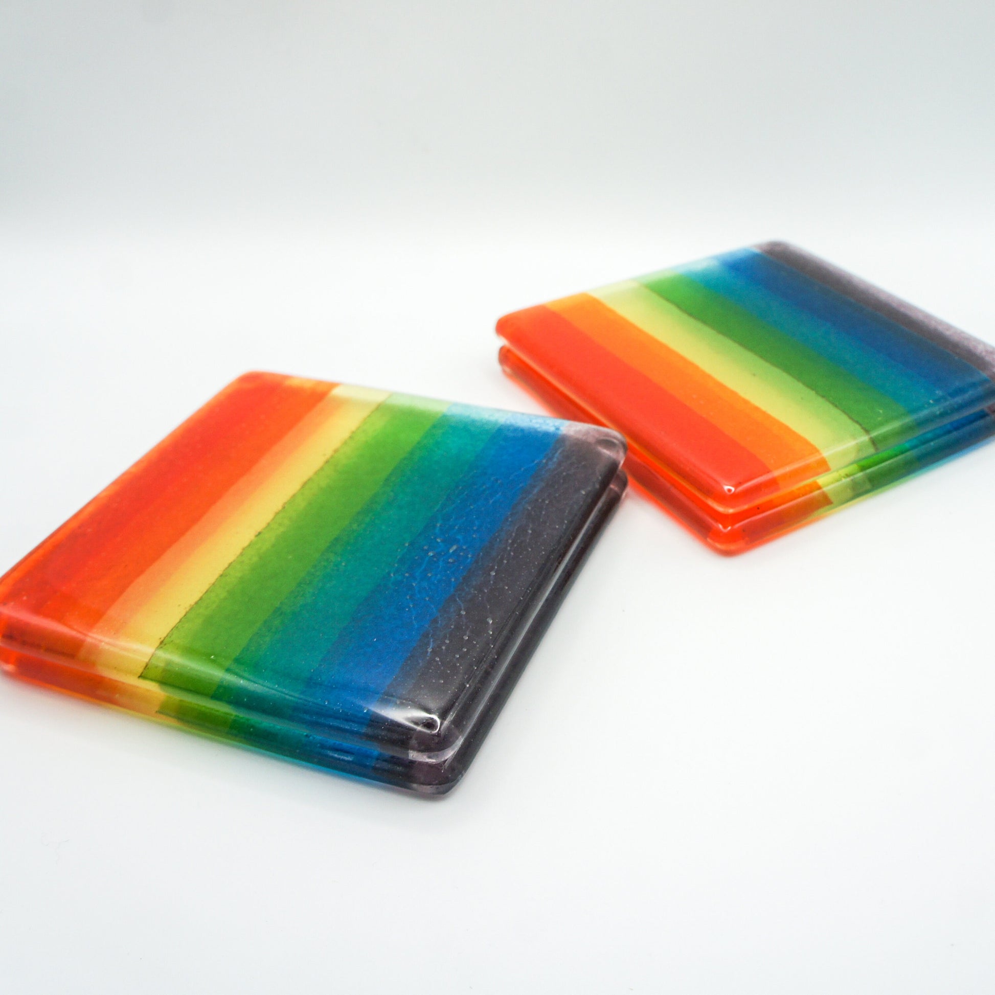 set of 4 Fused Glass Rainbow Coasters, Colourful Fused Glass Coasters, unique handmade coasters gifts 10cm(4), rainbow lgbtq pride glass