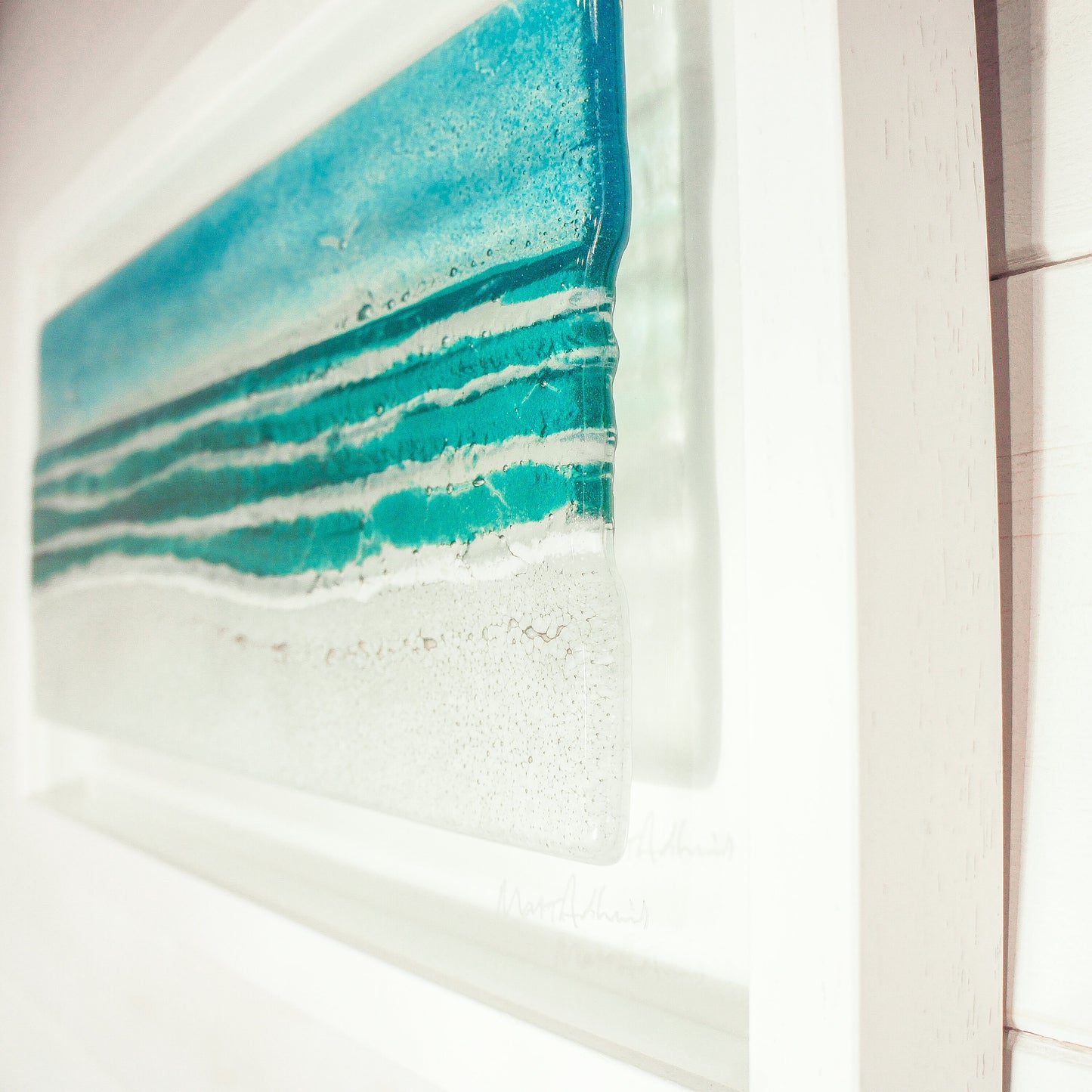 Landscape Beach Frame (45cmx25cm/18x10"), Panoramic Turquoise Teal Beach Fused Glass Wall Art, framed wall art, panoramic wall art