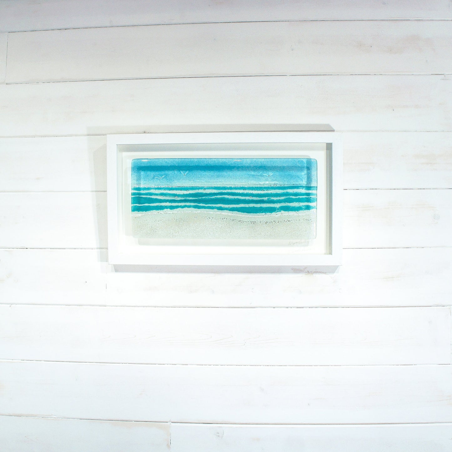 Landscape Beach Frame (45cmx25cm/18x10"), Panoramic Turquoise Teal Beach Fused Glass Wall Art, framed wall art, panoramic wall art