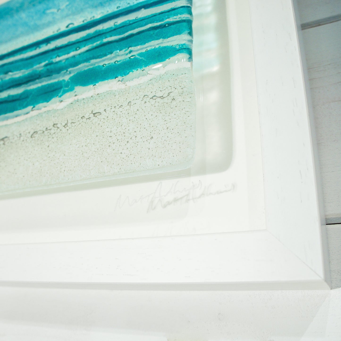 Landscape Beach Frame (45cmx25cm/18x10"), Panoramic Turquoise Teal Beach Fused Glass Wall Art, framed wall art, panoramic wall art