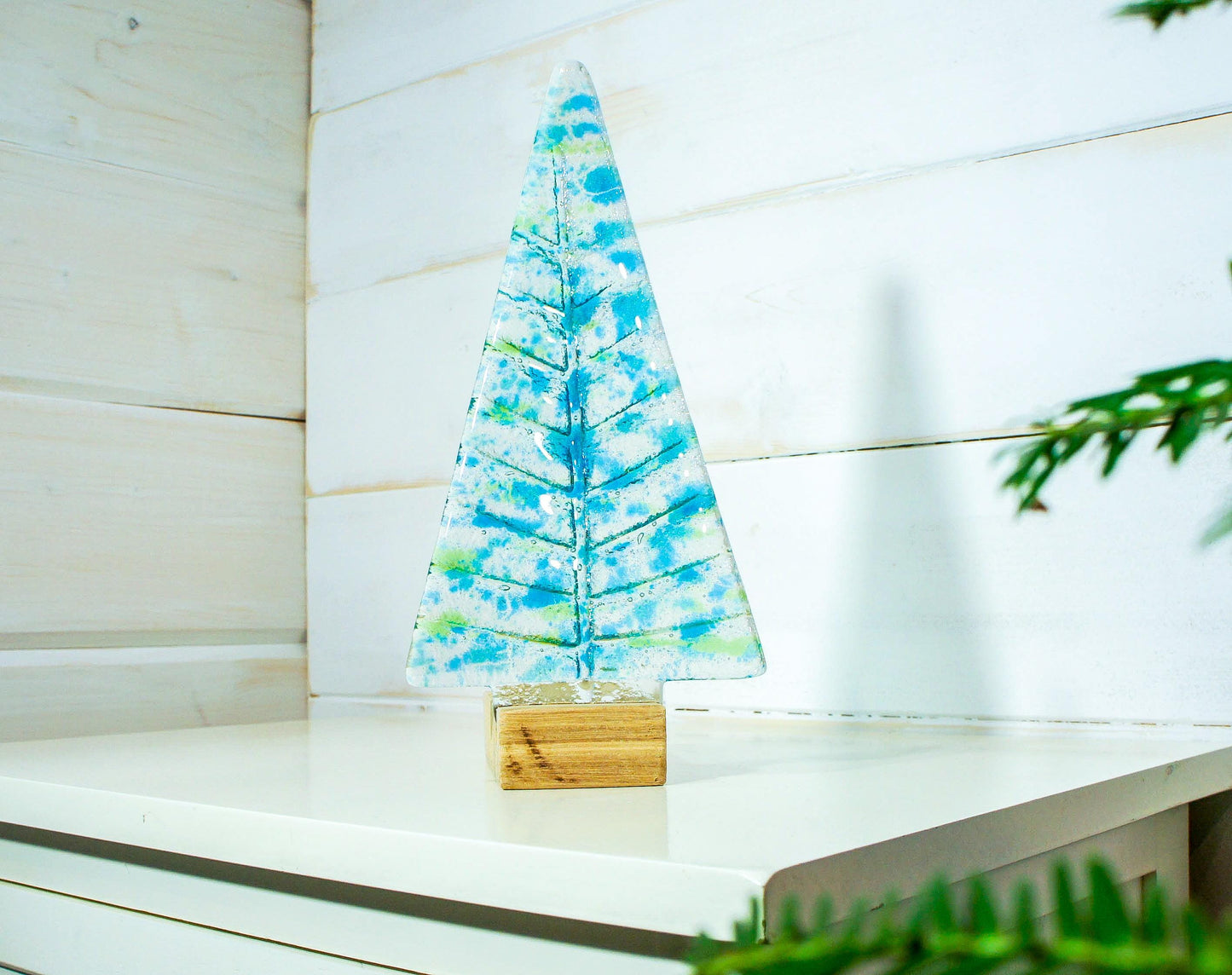 fused glass xmas
glass christmas tree
Xmas decoration
freestanding tree
fused glass tree
blue teal glass tree
blue green teal
christmas eve box
holiday decor
sea glass christmas
stocking filler
christmas gift ideas
christmas ornament