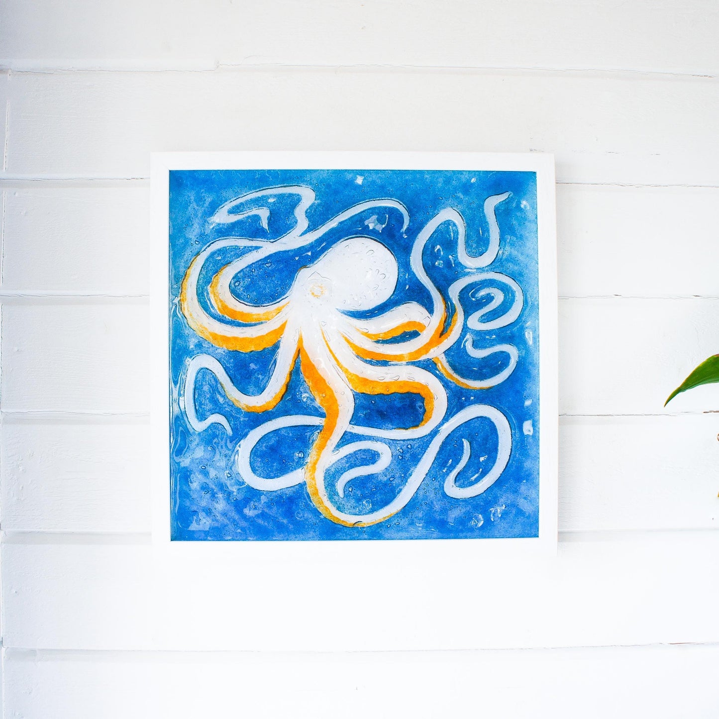 orange octopus frame square, 3d wall art, large framed art, bathroom wall art, picture frame, orange wall art, animal prints, home decor, sea glass, nautical, textured art, fused glass art, wall hanging, large orange blue decor