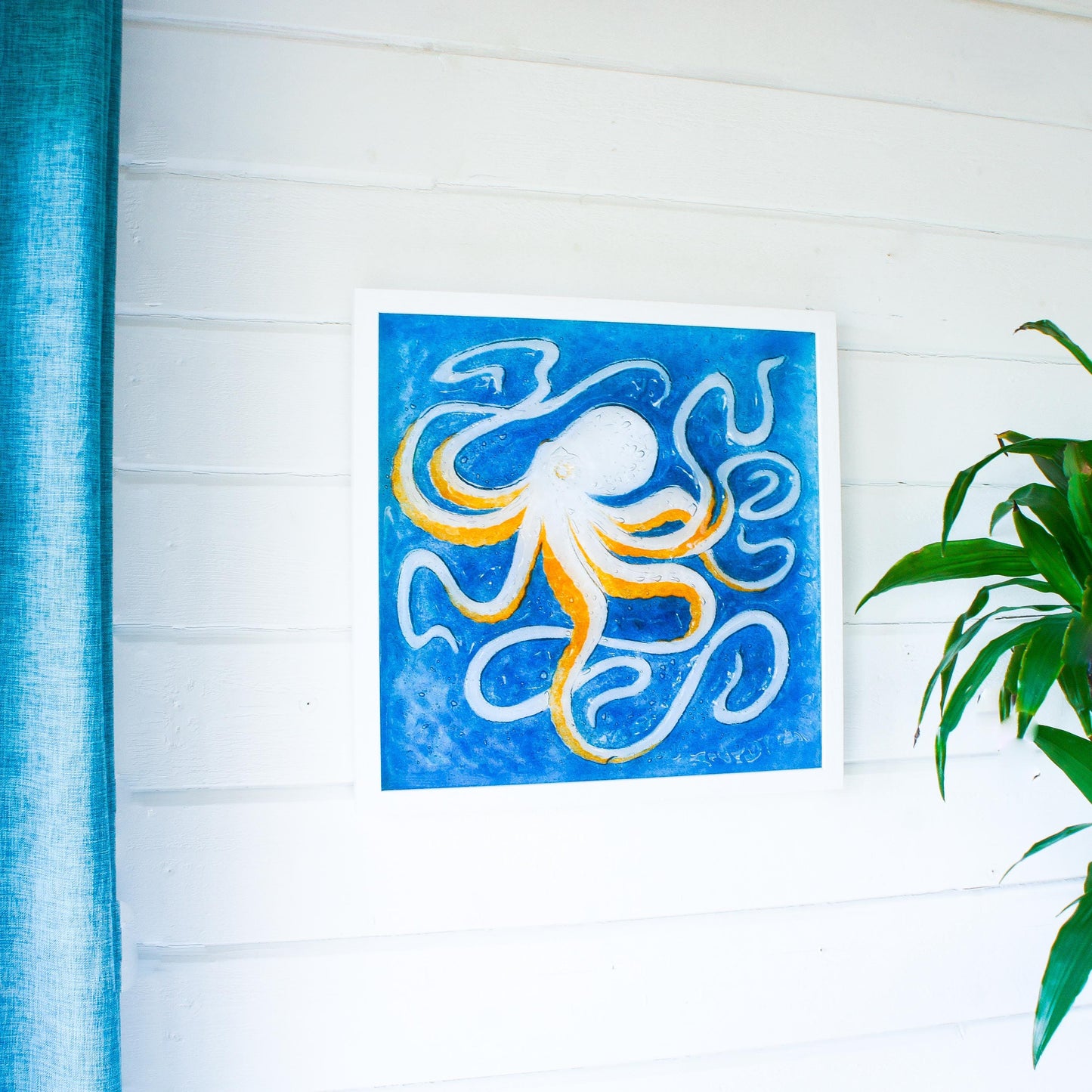orange octopus frame square, 3d wall art, large framed art, bathroom wall art, picture frame, orange wall art, animal prints, home decor, sea glass, nautical, textured art, fused glass art, wall hanging, large orange blue decor