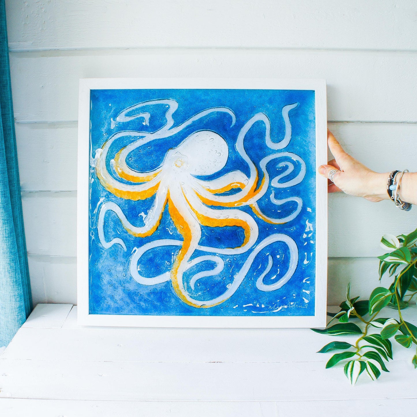 orange octopus frame square, 3d wall art, large framed art, bathroom wall art, picture frame, orange wall art, animal prints, home decor, sea glass, nautical, textured art, fused glass art, wall hanging, large orange blue decor