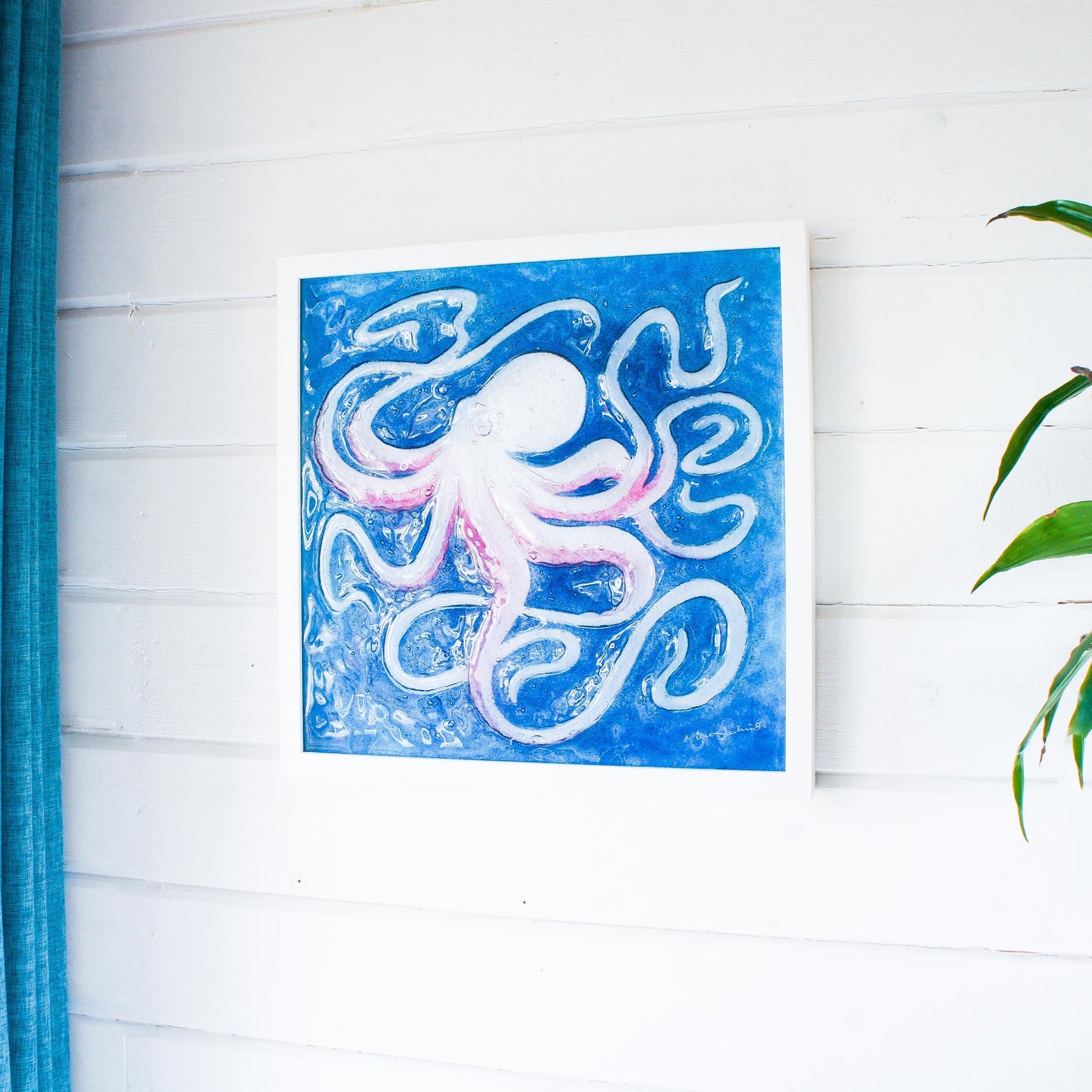 pink octopus frame square, 3d large wall art, framed art, bathroom wall art, extra large picture frame, cherry wall art, animal prints, home decor, sea glass, pink decor