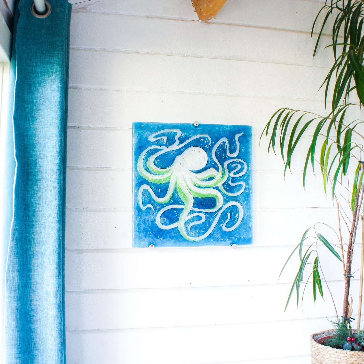octopus art, wall hanging, blue wall art, wall sculpture, 3d wall art, bathroom art, lime green octopus, extra wall art, fused glass art wall decor, modern art, nautical blue orange, square sea glass