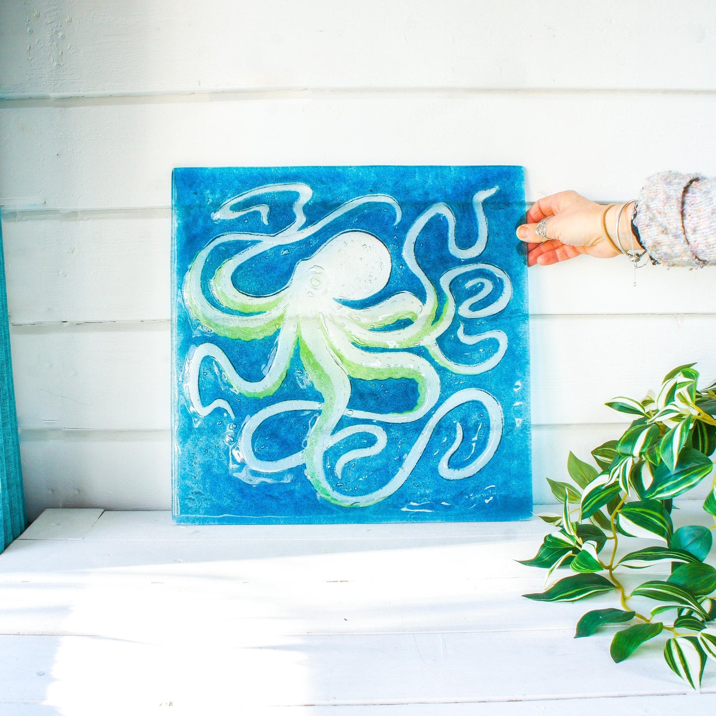 octopus art, wall hanging, blue wall art, wall sculpture, 3d wall art, bathroom art, lime green octopus, extra wall art, fused glass art wall decor, modern art, nautical blue orange, square sea glass