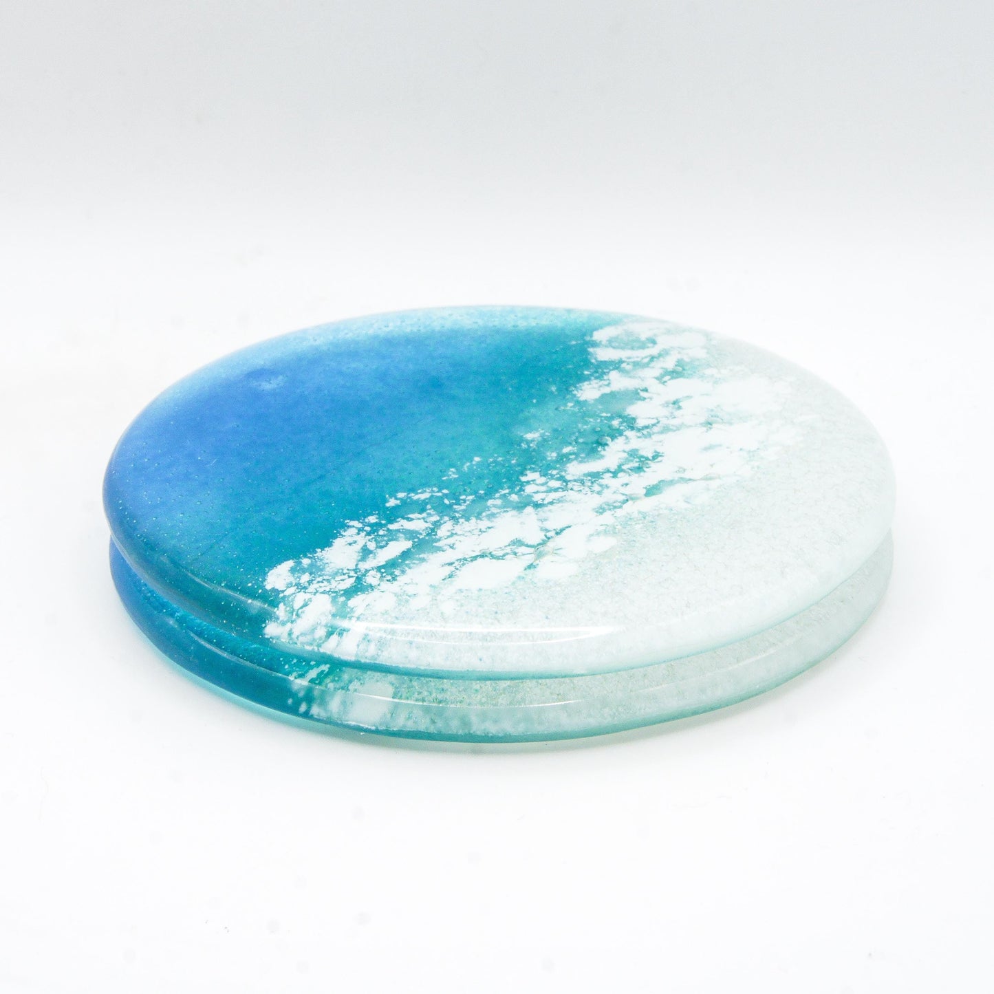 beach fused glass coaster
round coaster coastal
handmade coaster sailing
tile coaster teal
house warming gift
beach house decor
set of 2 coasters
gift for her
handmade glass
seaside gifts
sea glass art
coffee table decor
nautical decor