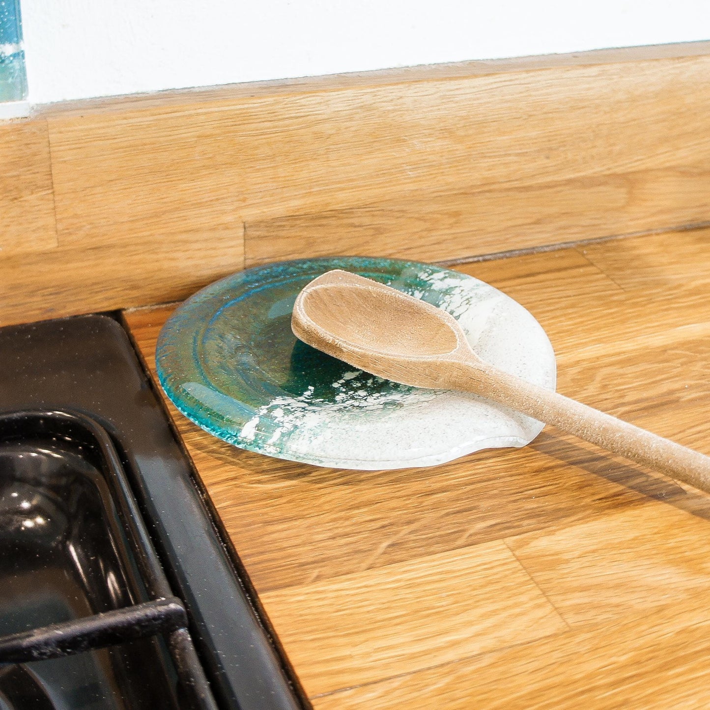 round beach fused glass teal spoon rest, kitchenware, kitchen décor, beach gift idea, housewarming gift, kitchen accessories, nautical gifts, new home gift, anniversary gift, beach home décor, unique gift