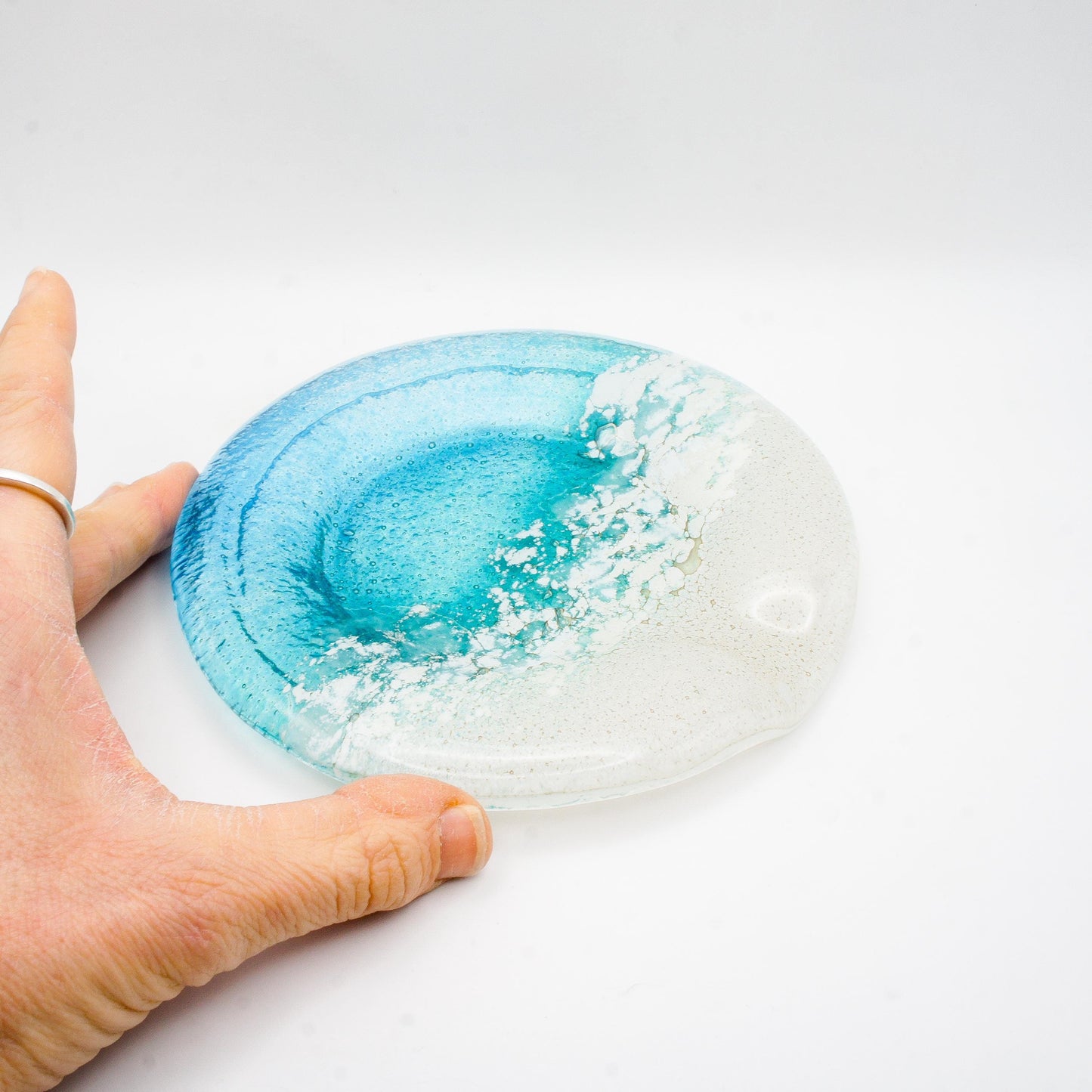 round beach fused glass teal spoon rest, kitchenware, kitchen décor, beach gift idea, housewarming gift, kitchen accessories, nautical gifts, new home gift, anniversary gift, beach home décor, unique gift