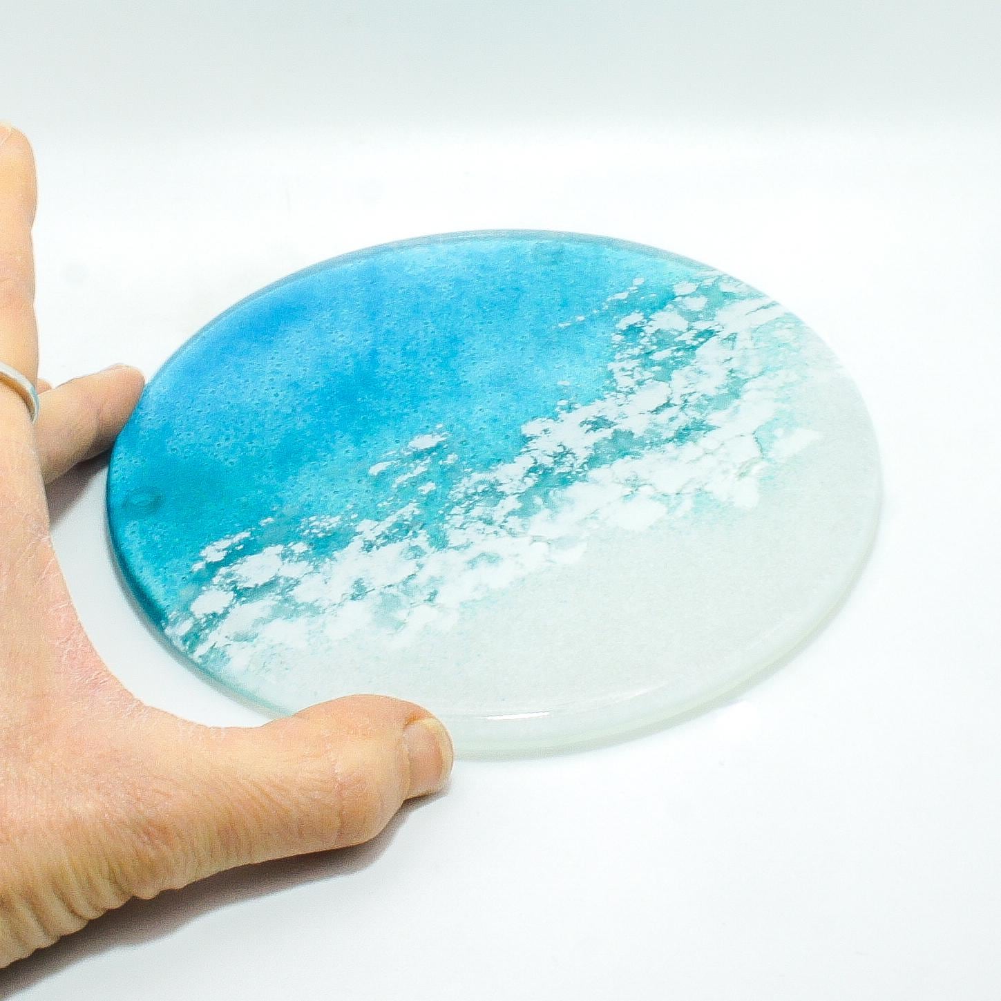 round beach fused glass teal wine bottle coaster, wine coaster, wine gift, kitchenware, kitchen décor, beach gift idea, housewarming gift, kitchen accessories, nautical gifts, new home gift, anniversary gift, beach home décor, unique gift