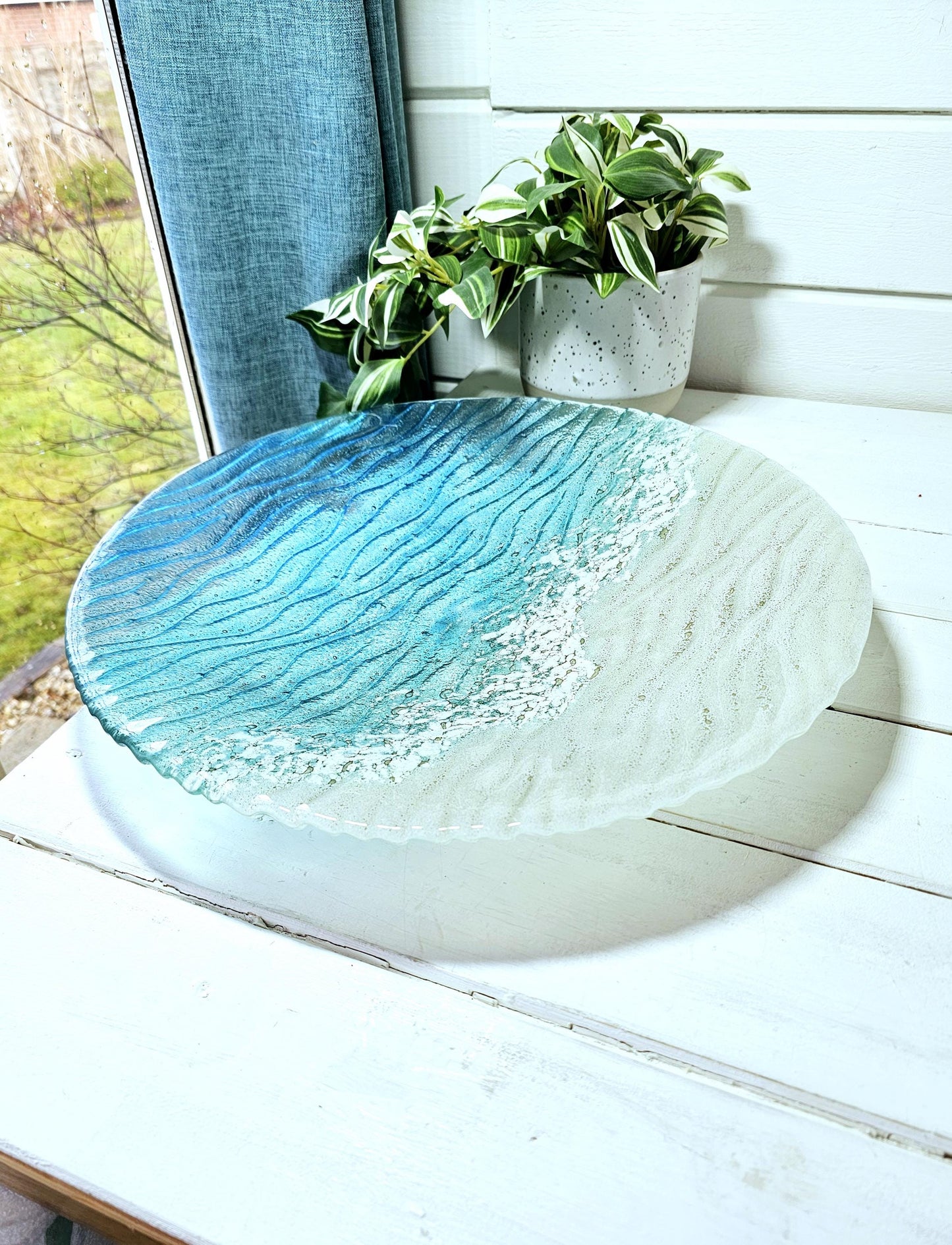 Paradise Glass Bowl 44cm(1/2"), Turquoise Blue Seabed Beach Fused Glass Fruit Bowl, wedding present, dining table centerpiece