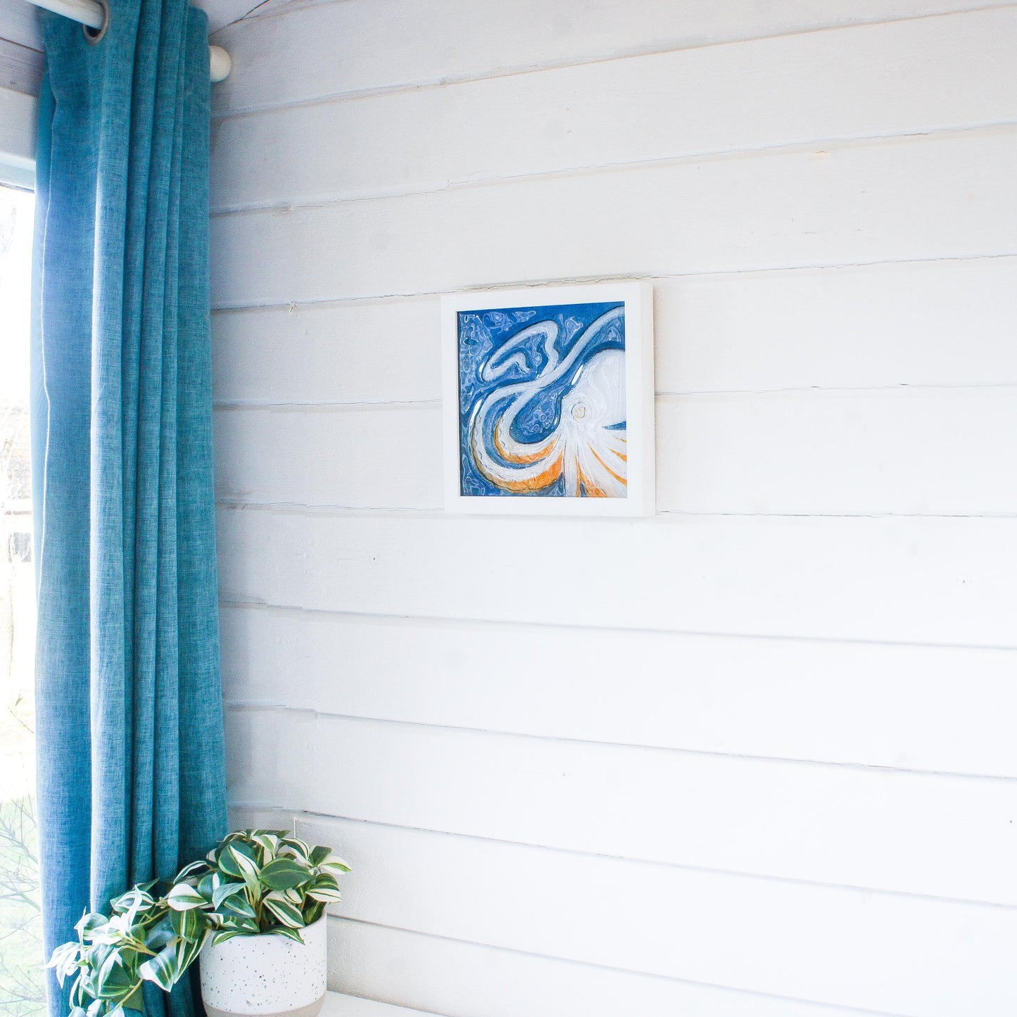 orange octopus frame square, 3d wall art, framed art, bathroom wall art, picture frame, orange wall art, animal prints, home decor, sea glass, nautical, textured art, fused glass, wall hanging, orange decor