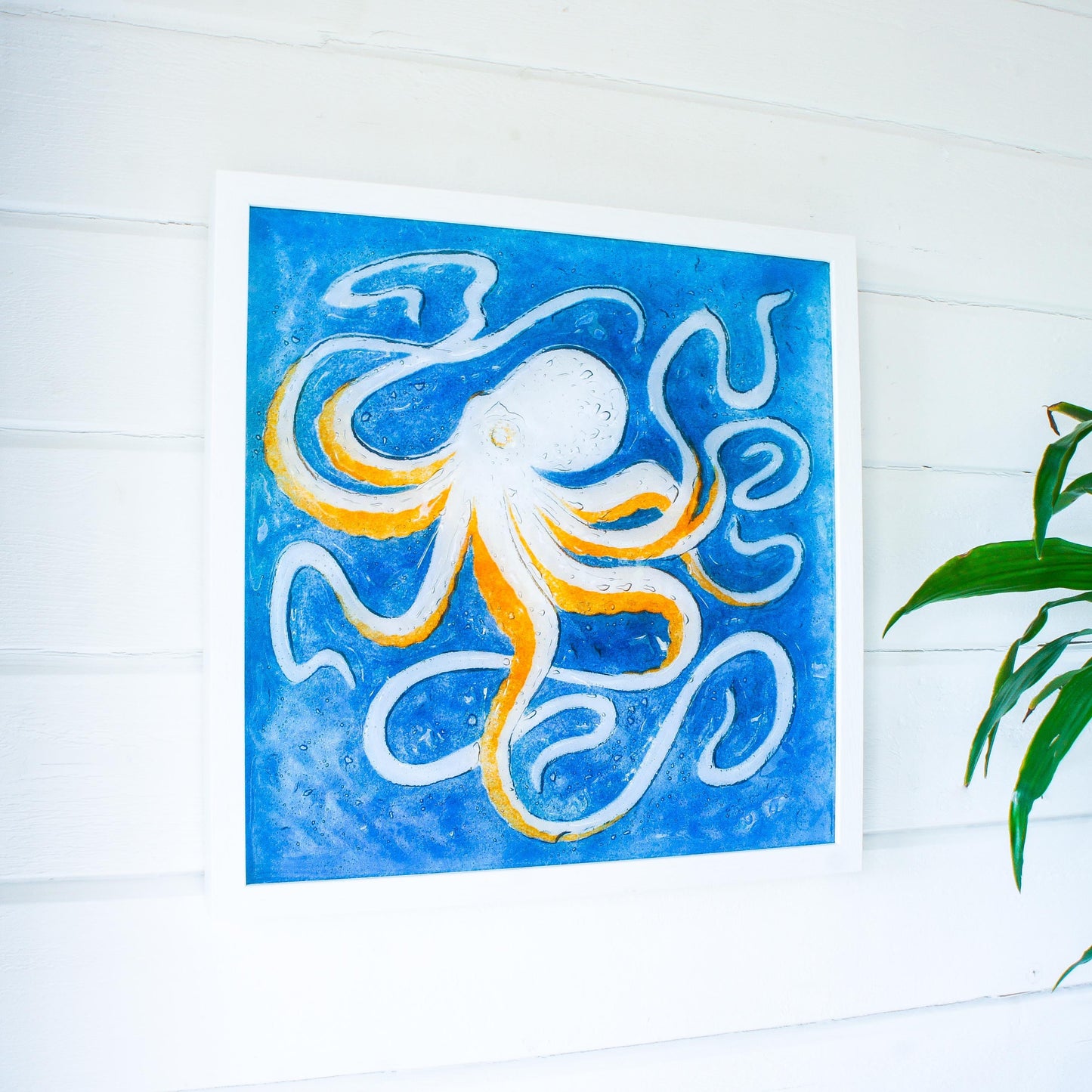 orange octopus frame square, 3d wall art, large framed art, bathroom wall art, picture frame, orange wall art, animal prints, home decor, sea glass, nautical, textured art, fused glass art, wall hanging, large orange blue decor
