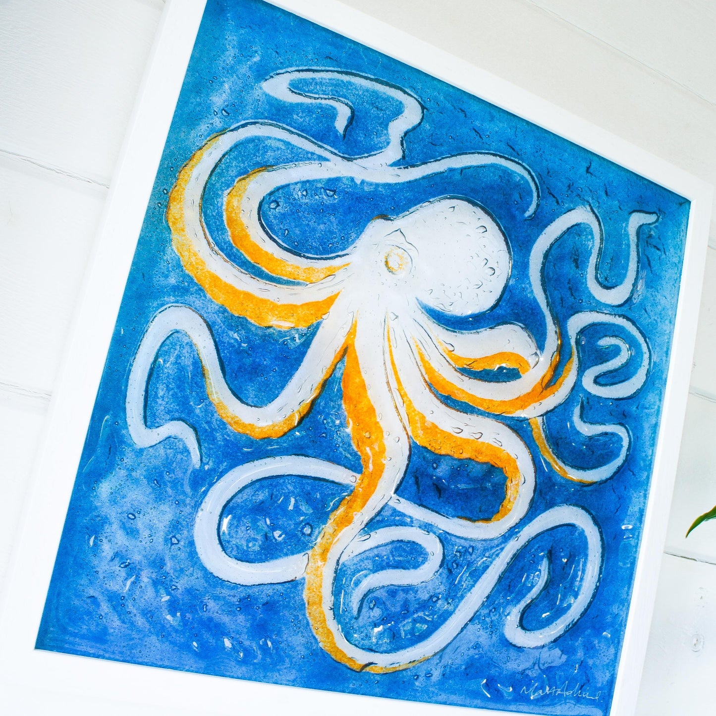 orange octopus frame square, 3d wall art, large framed art, bathroom wall art, picture frame, orange wall art, animal prints, home decor, sea glass, nautical, textured art, fused glass art, wall hanging, large orange blue decor