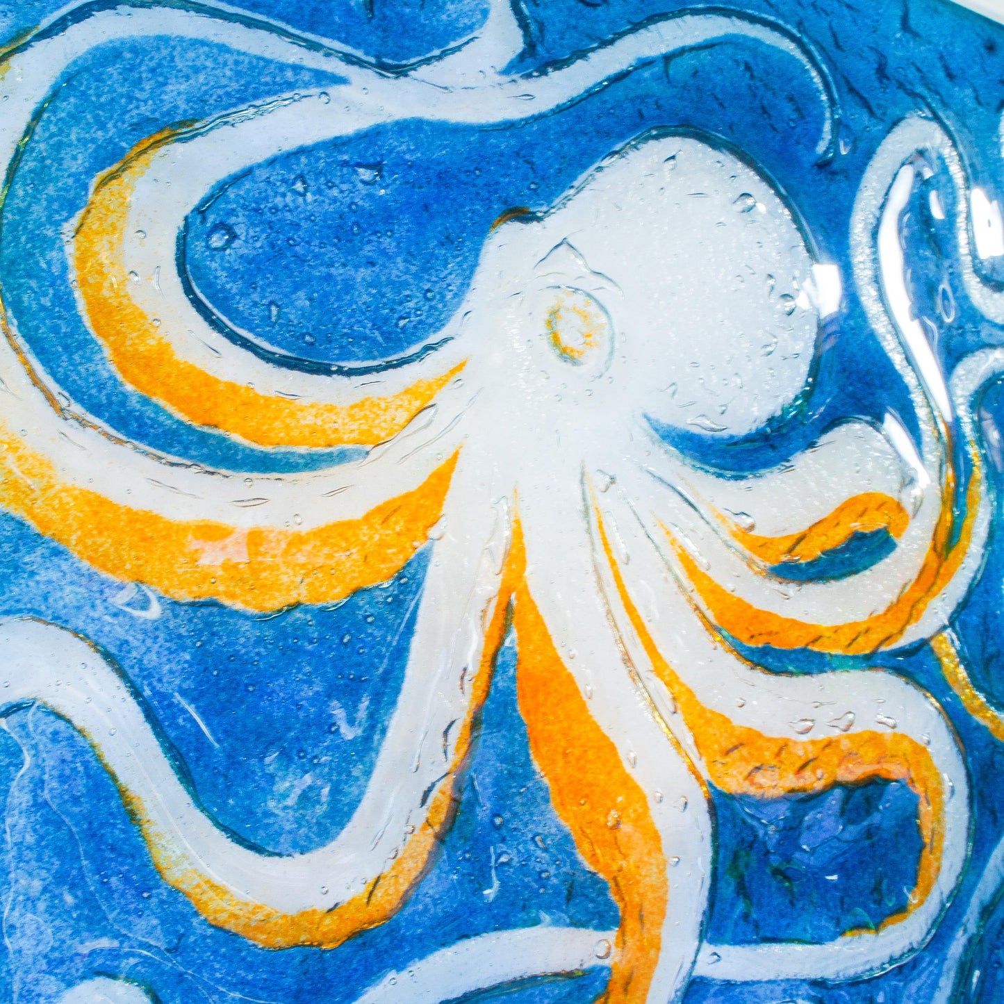 orange octopus frame square, 3d wall art, large framed art, bathroom wall art, picture frame, orange wall art, animal prints, home decor, sea glass, nautical, textured art, fused glass art, wall hanging, large orange blue decor