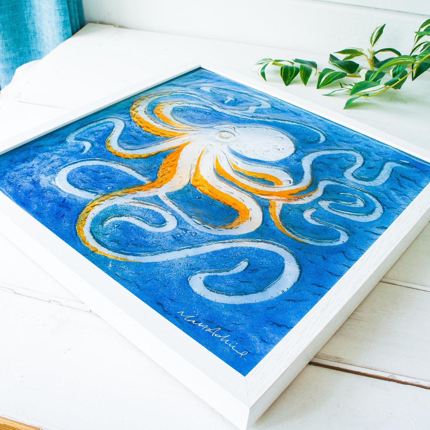 orange octopus frame square, 3d wall art, large framed art, bathroom wall art, picture frame, orange wall art, animal prints, home decor, sea glass, nautical, textured art, fused glass art, wall hanging, large orange blue decor