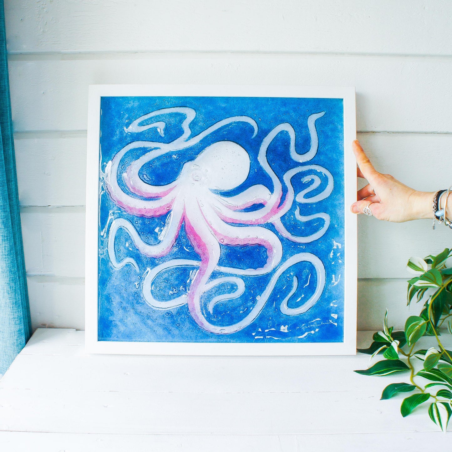 pink octopus frame square, 3d wall art, framed art, bathroom wall art, picture frame, cherry wall art, animal prints, home decor, sea glass, pink decor