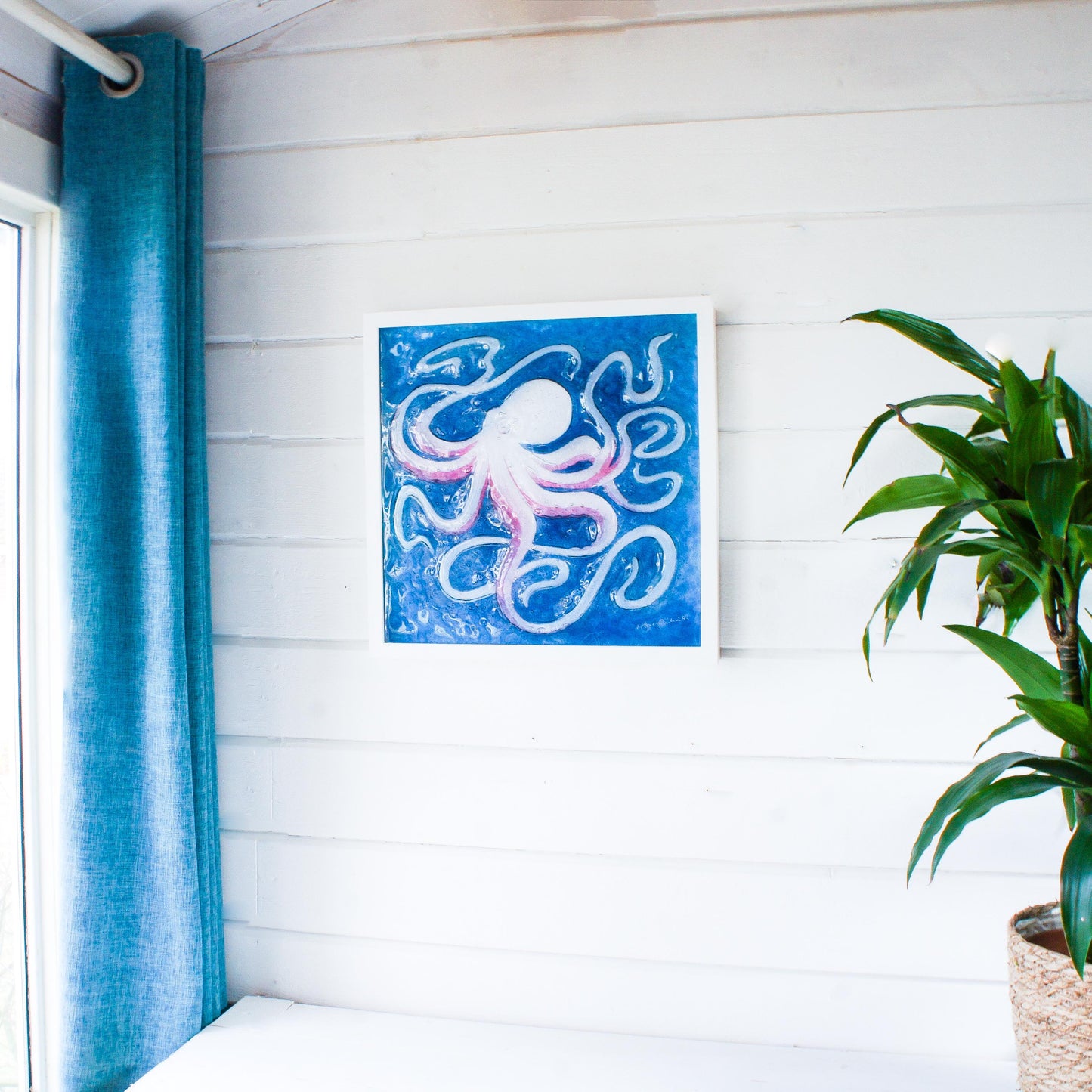 pink octopus frame square, 3d wall art, framed art, bathroom wall art, picture frame, cherry wall art, animal prints, home decor, sea glass, pink decor