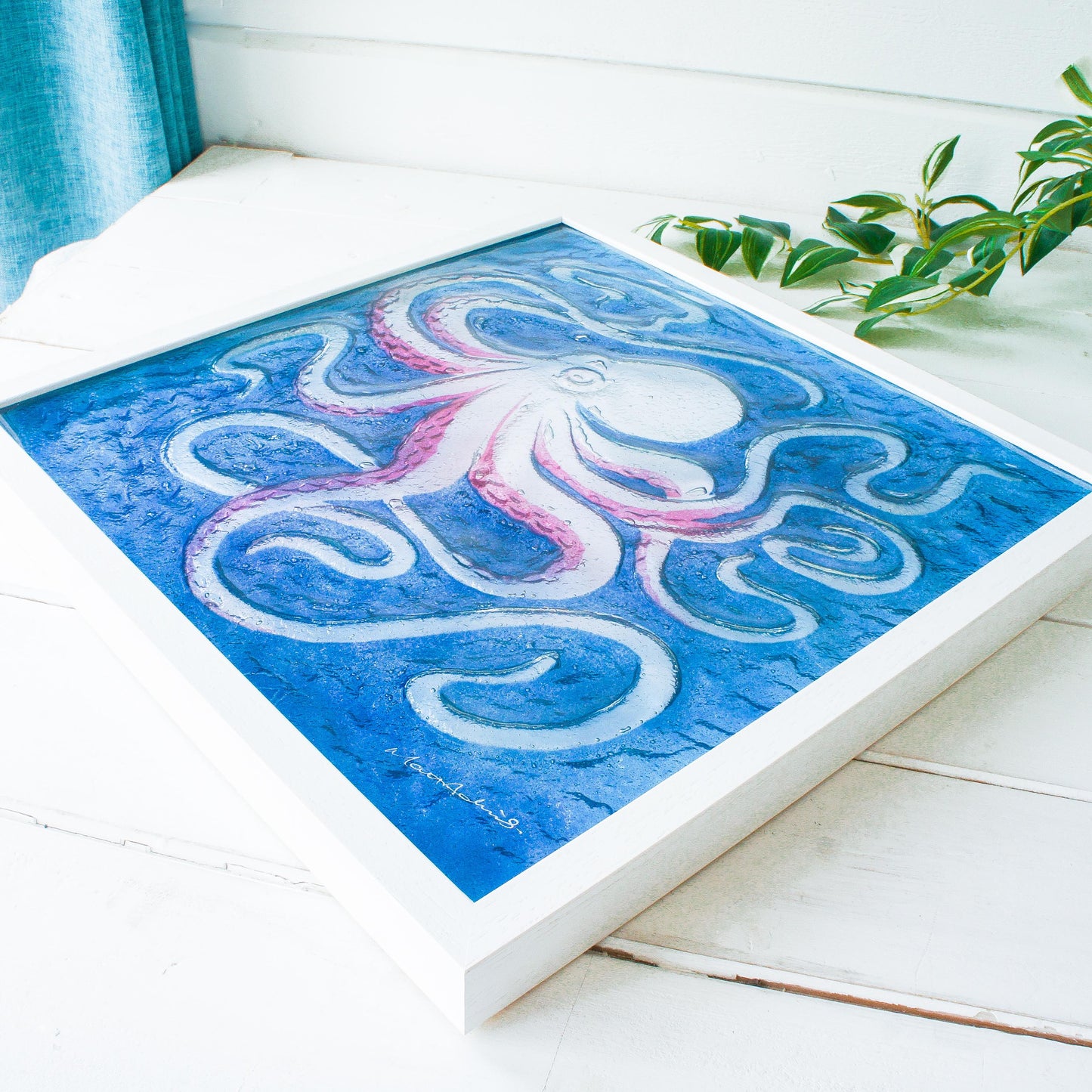 pink octopus frame square, 3d large wall art, framed art, bathroom wall art, extra large picture frame, cherry wall art, animal prints, home decor, sea glass, pink decor