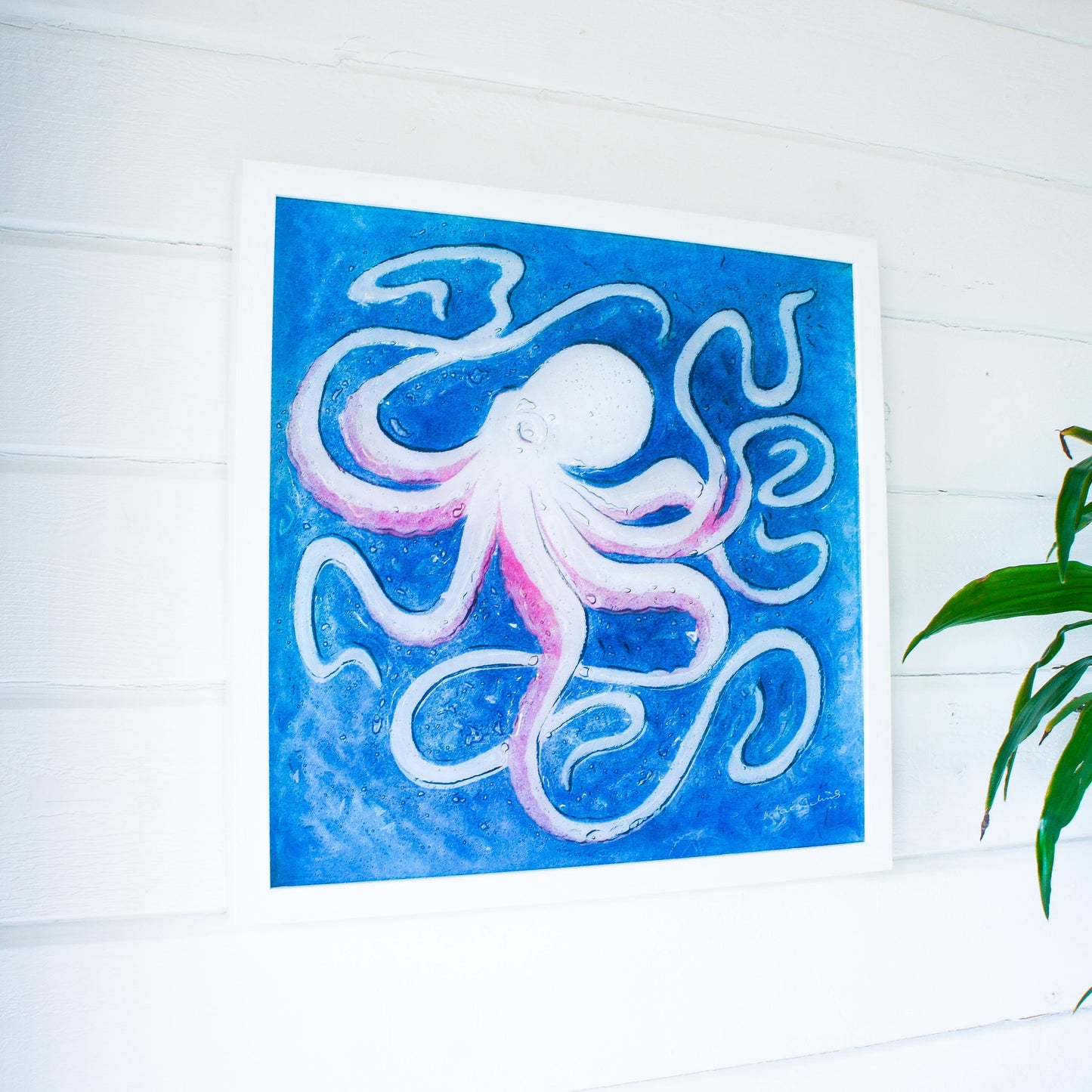pink octopus frame square, 3d wall art, framed art, bathroom wall art, picture frame, cherry wall art, animal prints, home decor, sea glass, pink decor