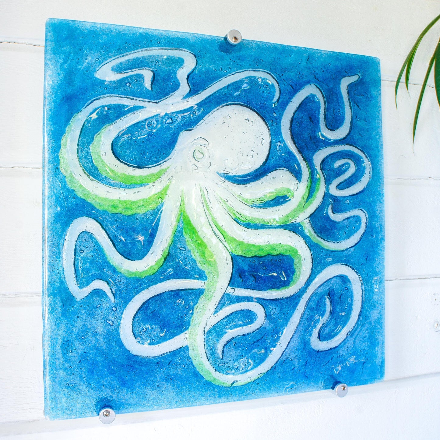 octopus art, wall hanging, blue wall art, wall sculpture, 3d wall art, bathroom art, lime green octopus, extra wall art, fused glass art wall decor, modern art, nautical blue orange, square sea glass