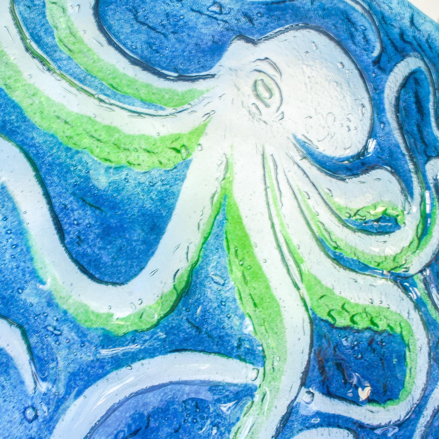 octopus art, wall hanging, blue wall art, wall sculpture, 3d wall art, bathroom art, lime green octopus, extra wall art, fused glass art wall decor, modern art, nautical blue orange, square sea glass