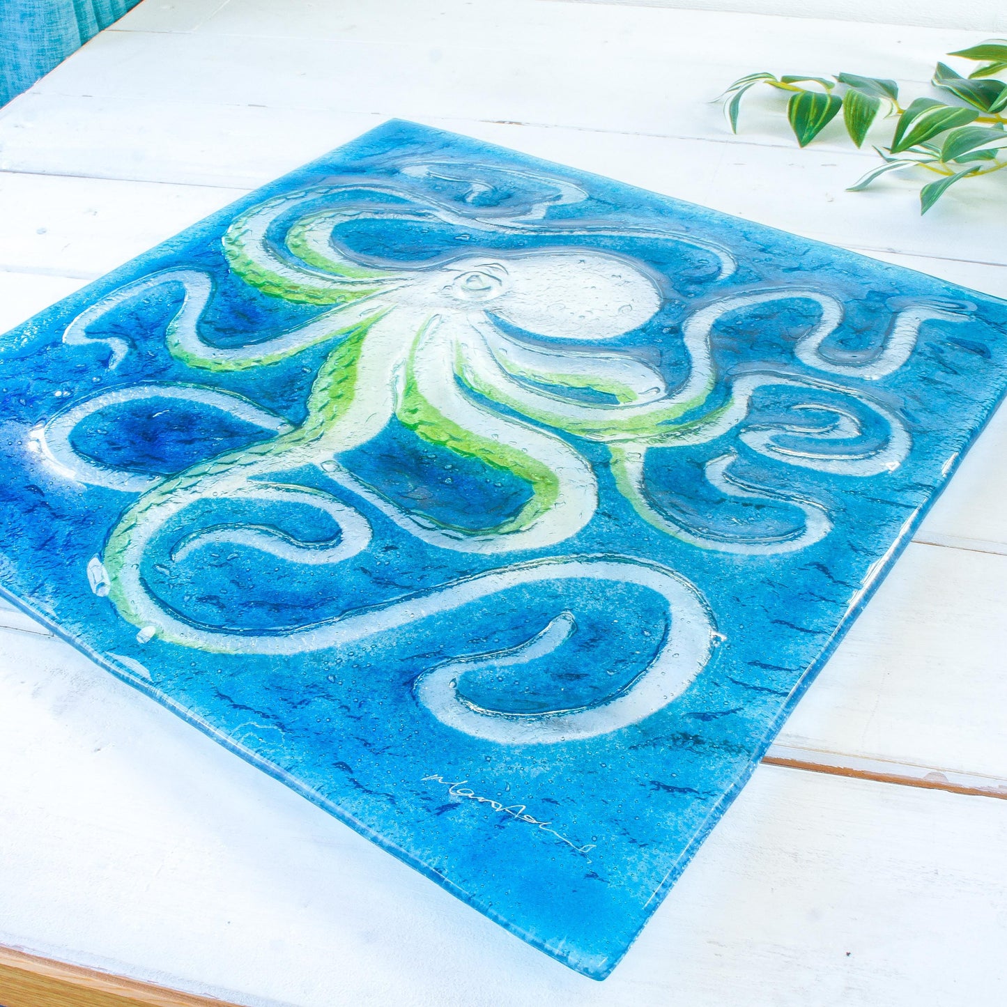 octopus art, wall hanging, blue wall art, wall sculpture, 3d wall art, bathroom art, lime green octopus, extra wall art, fused glass art wall decor, modern art, nautical blue orange, square sea glass